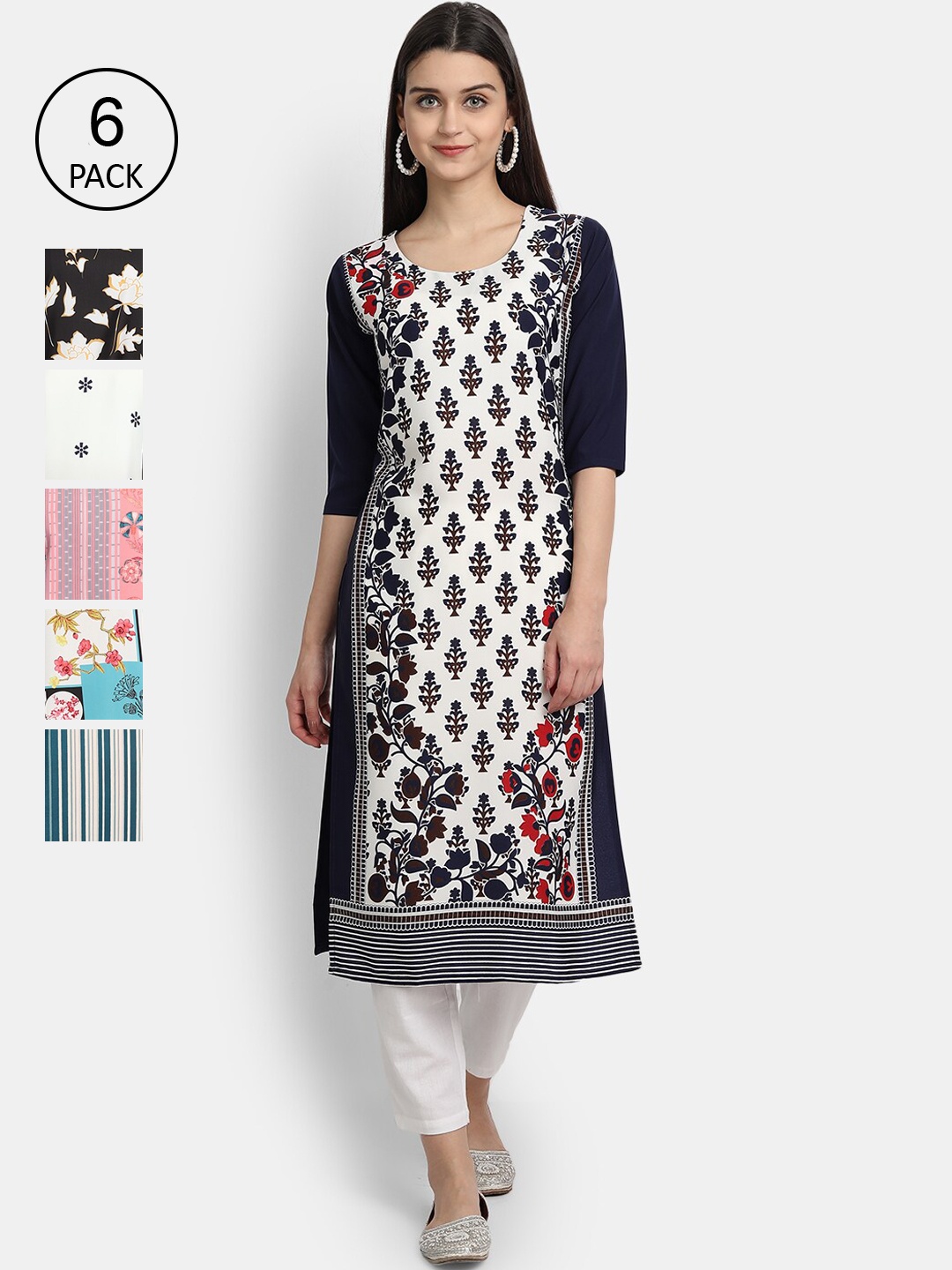 

1 Stop Fashion Women Pack Of 6 Digital Printed Straight Kurta, Black
