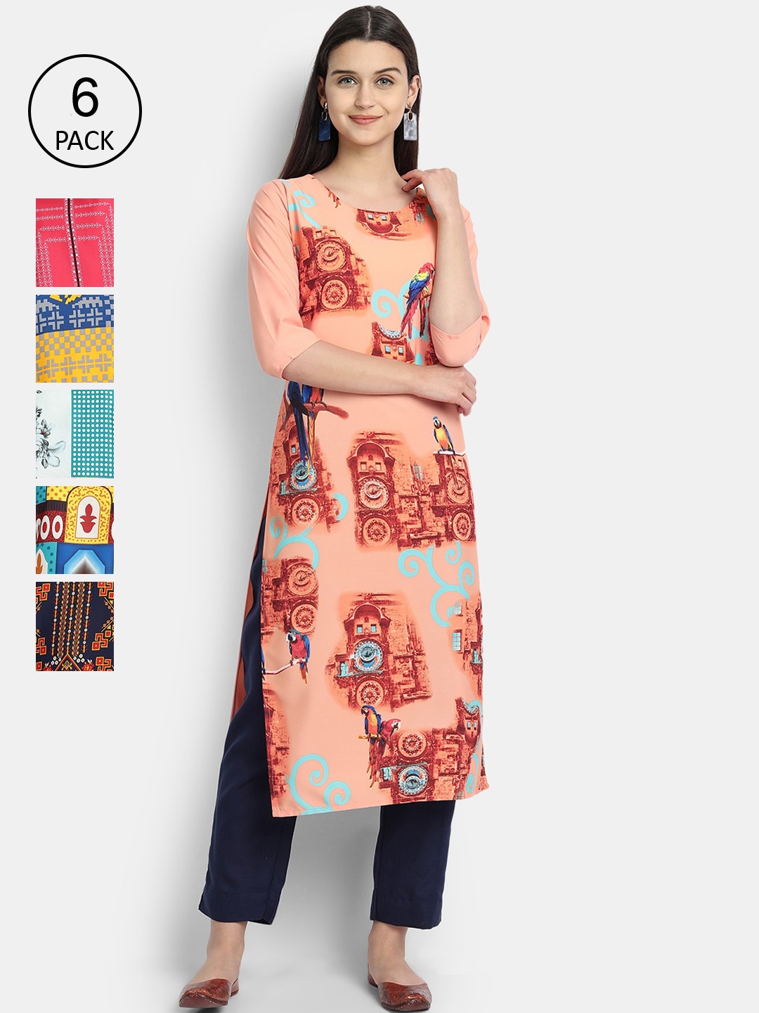 

1 Stop Fashion Women Pack Of 6 Digital Printed Straight Kurta, Orange