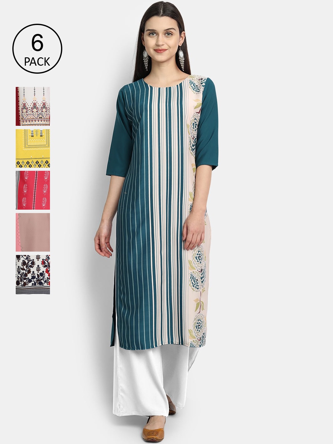 

1 Stop Fashion Women Pack Of 6 Digital Printed Straight Kurta, Green