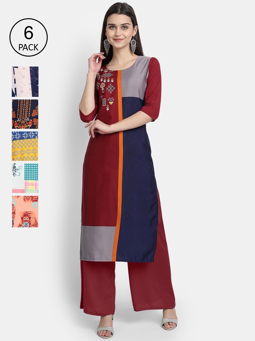 

1 Stop Fashion Women Pack Of 6 Digital Printed Straight Kurta, Maroon
