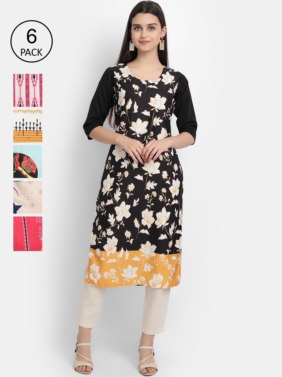 

1 Stop Fashion Women Pack Of 6 Digital Printed Straight Kurta, Black