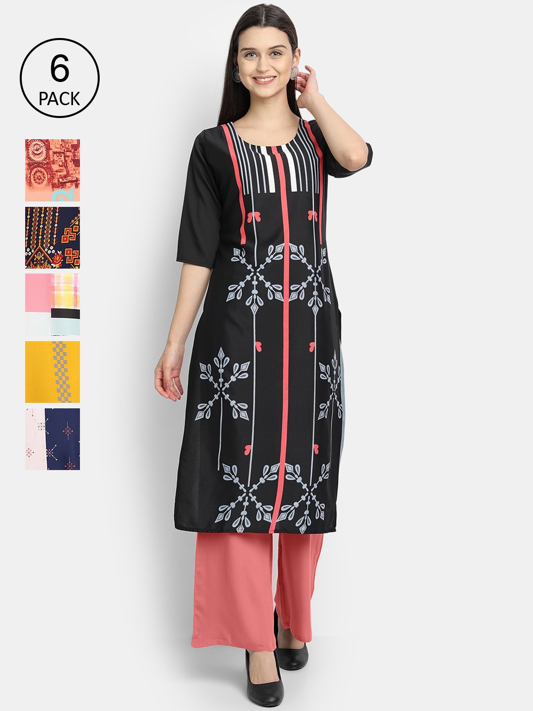 

1 Stop Fashion Women Pack Of 6 Digital Printed Crepe Straight Kurta, Multi