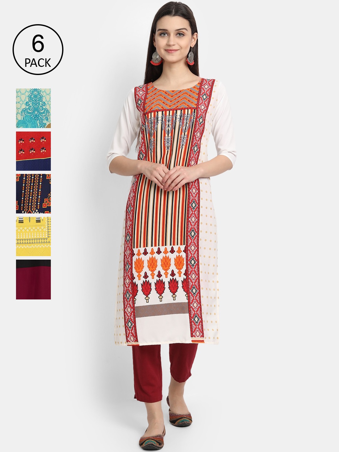 

1 Stop Fashion Women Multicoloured & star white Geometric Printed Thread Work Crepe Kurta, Multi