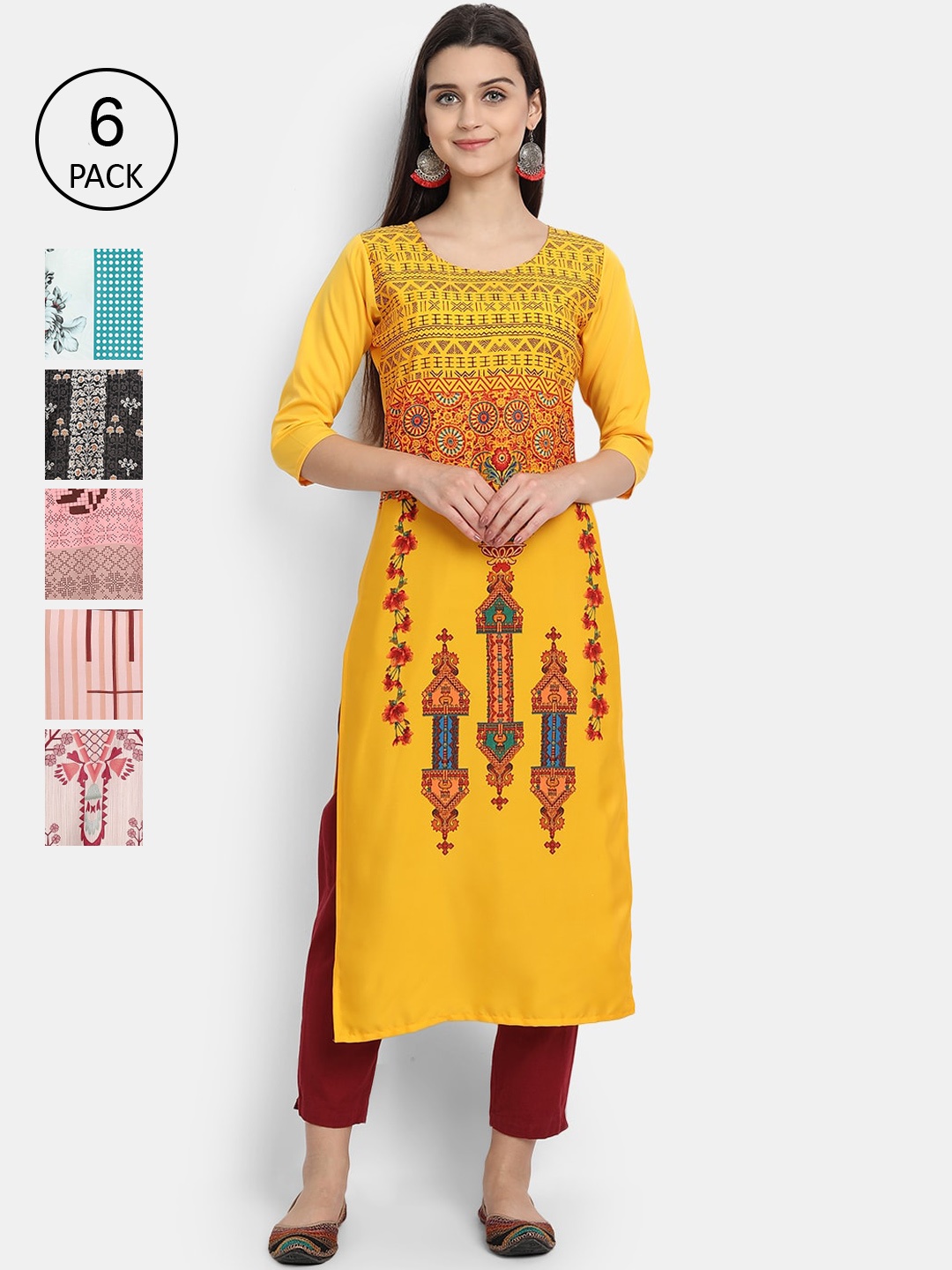 

1 Stop Fashion Women Pack Of 6 Printed Crepe Kurta, Multi