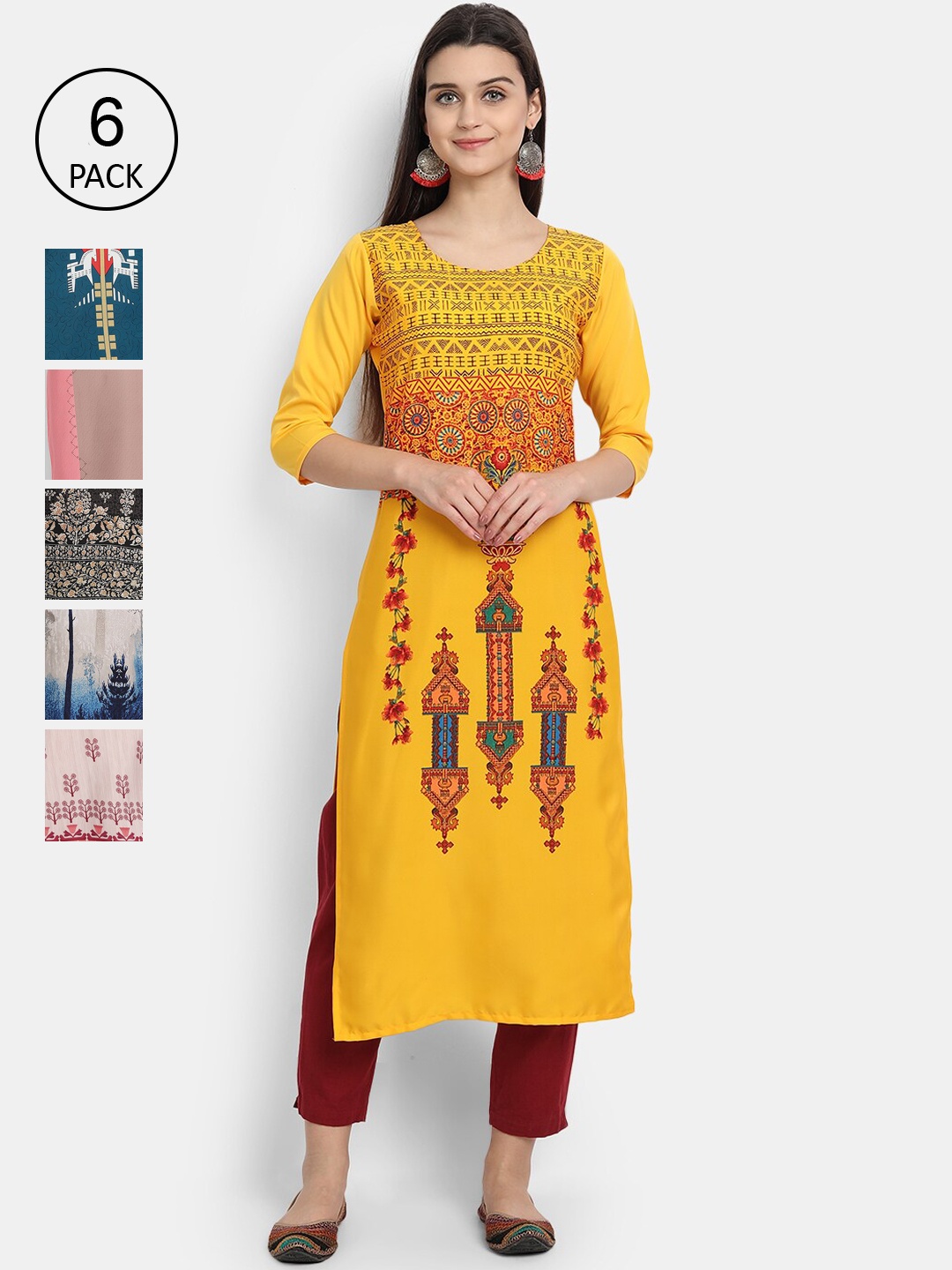 

1 Stop Fashion Women Pack Of 6 Digital Printed Crepe Straight Kurta, Multi