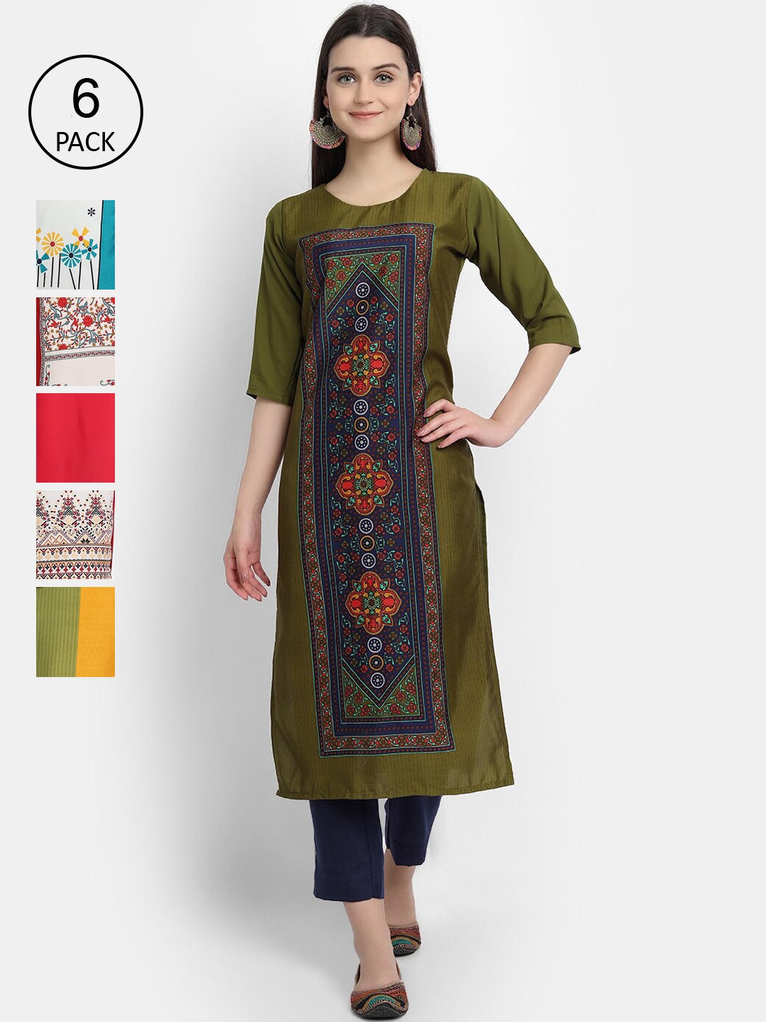 

1 Stop Fashion Women Multicoloured Geometric Printed Cold-Shoulder Sleeves Crepe Kurta, Olive