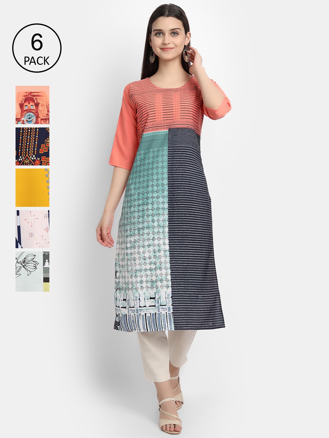 

1 Stop Fashion Women Pack Of 6 Printed Crepe Kurtas, Multi