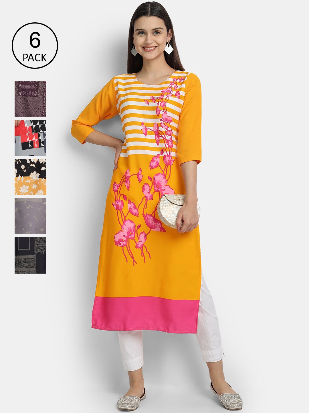 

1 Stop Fashion Women Pack Of 6 Digital Printed Straight Kurta, Yellow