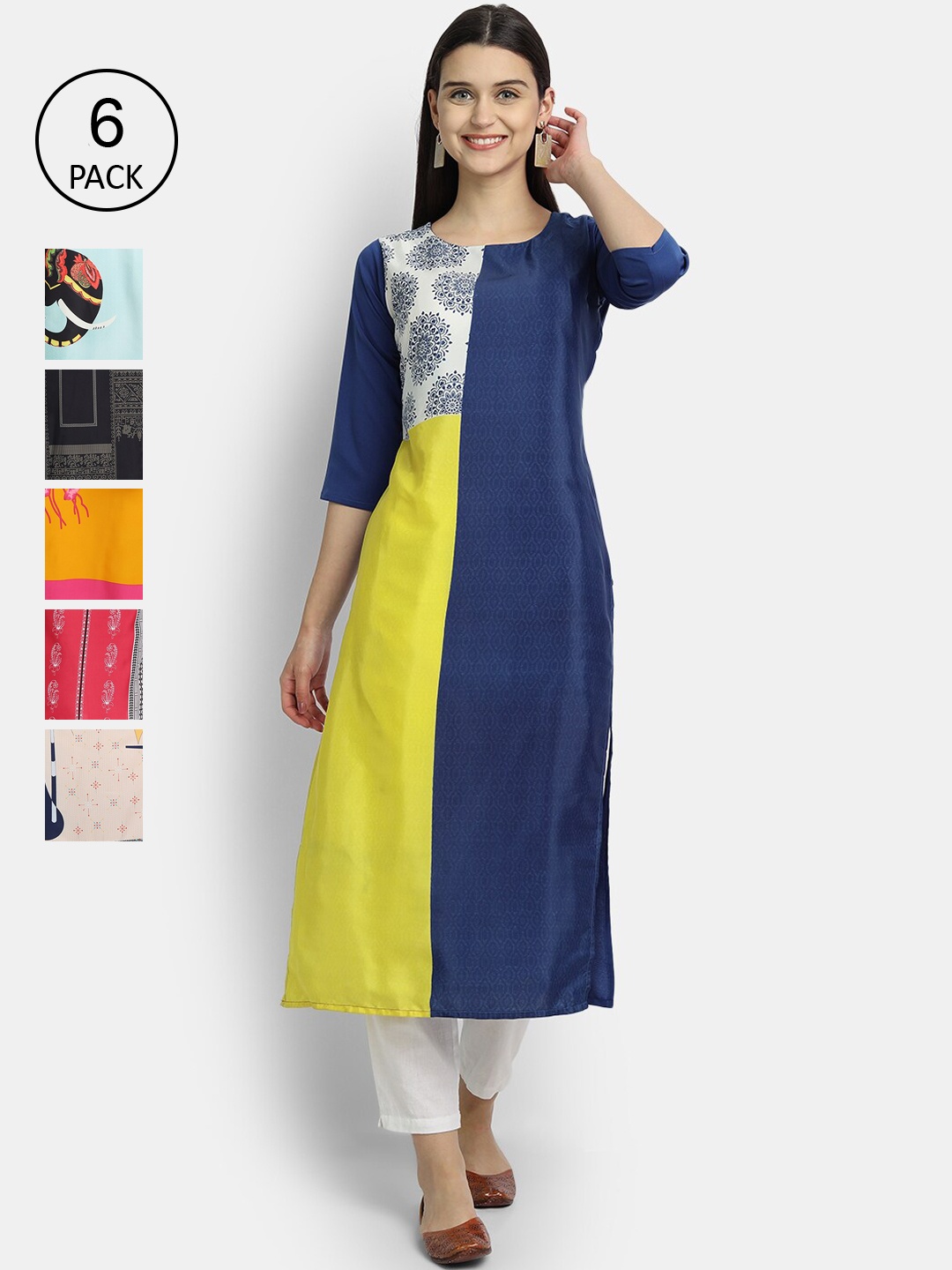 

1 Stop Fashion Women Multicoloured Colourblocked Patchwork Crepe Kurta, Blue