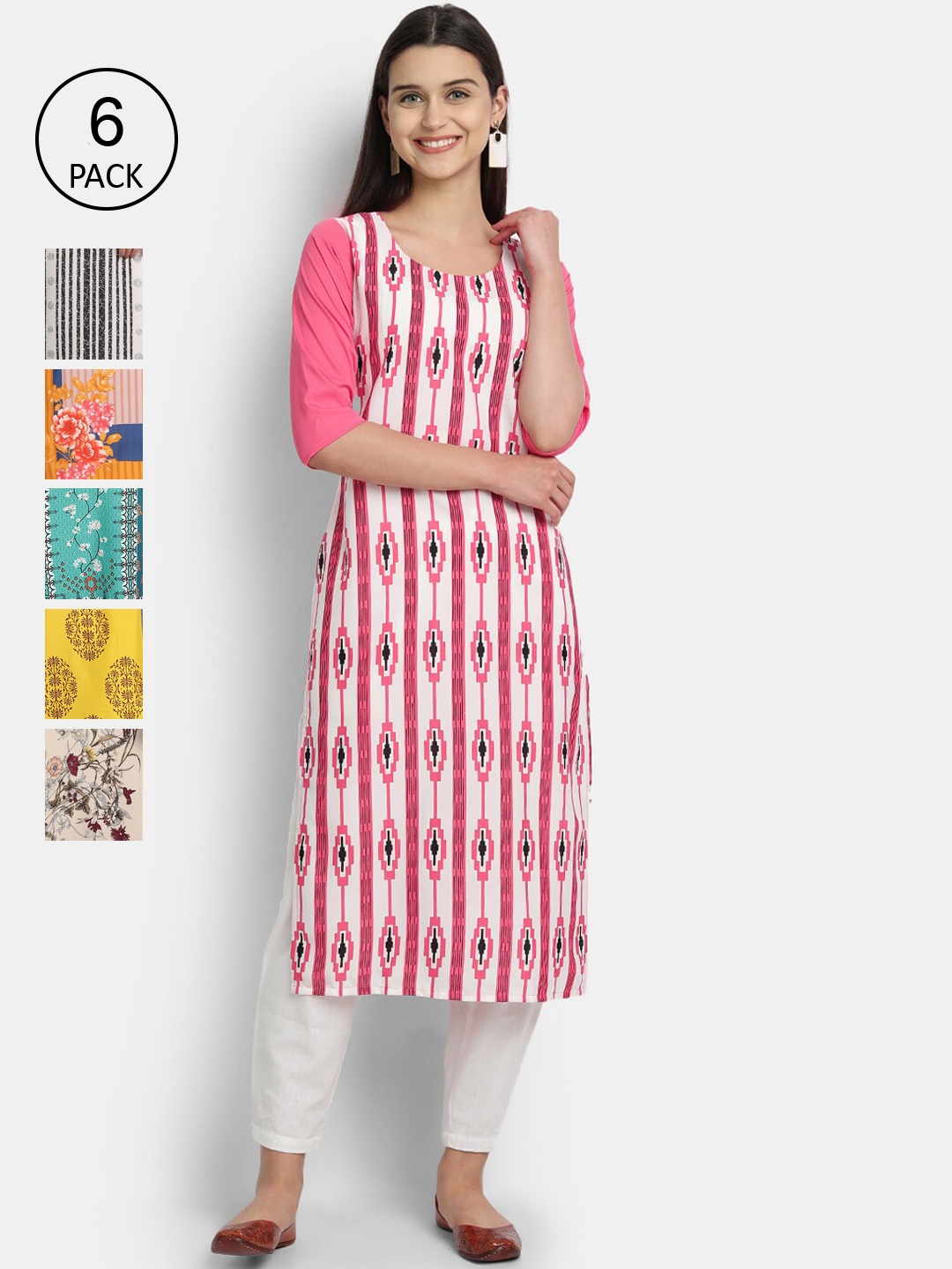 

1 Stop Fashion Women Pack Of 6 Digital Printed Straight Kurta, Pink