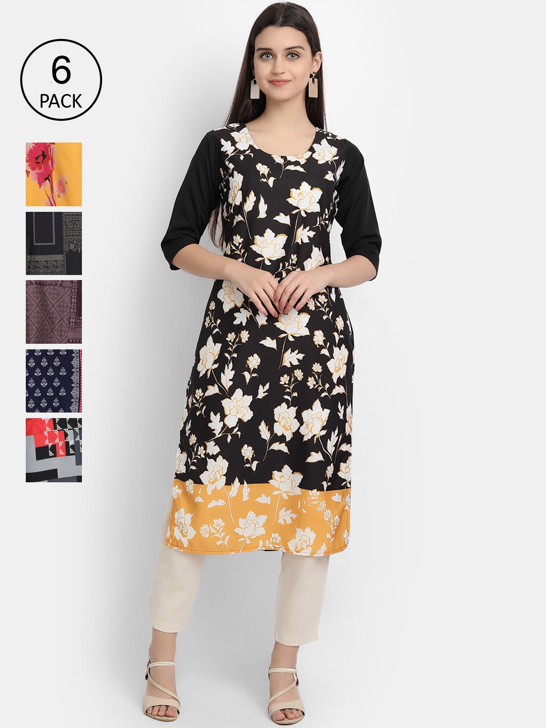 

1 Stop Fashion Women Pack Of 6 Kurtas, Black