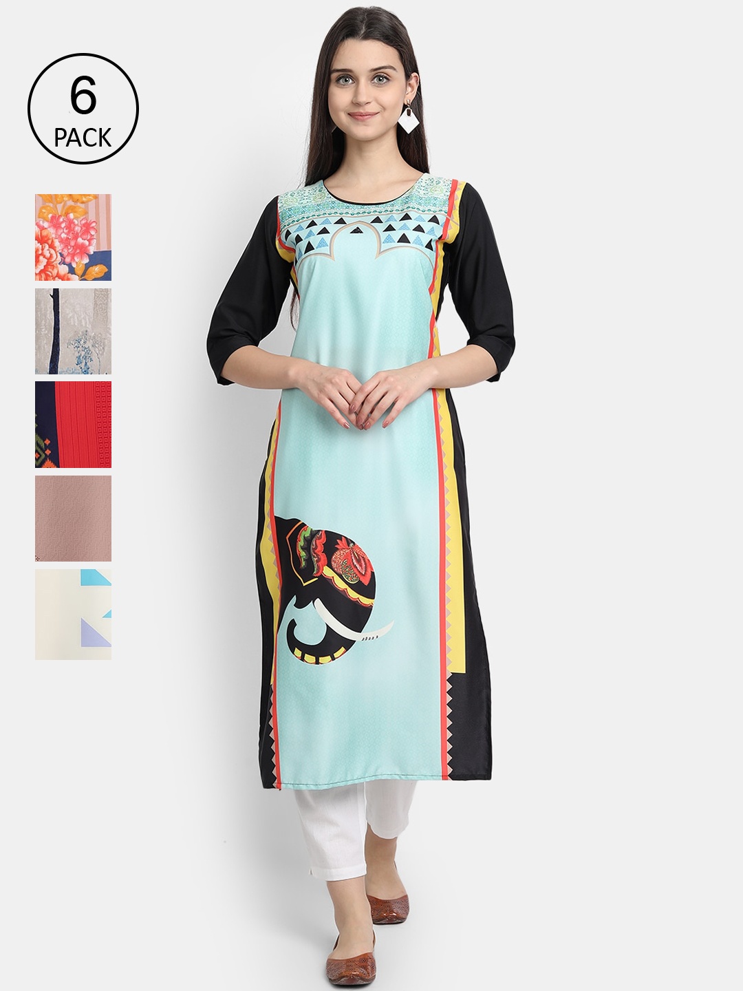 

1 Stop Fashion Women Pack Of 6 Digital Printed Straight Kurta, Blue