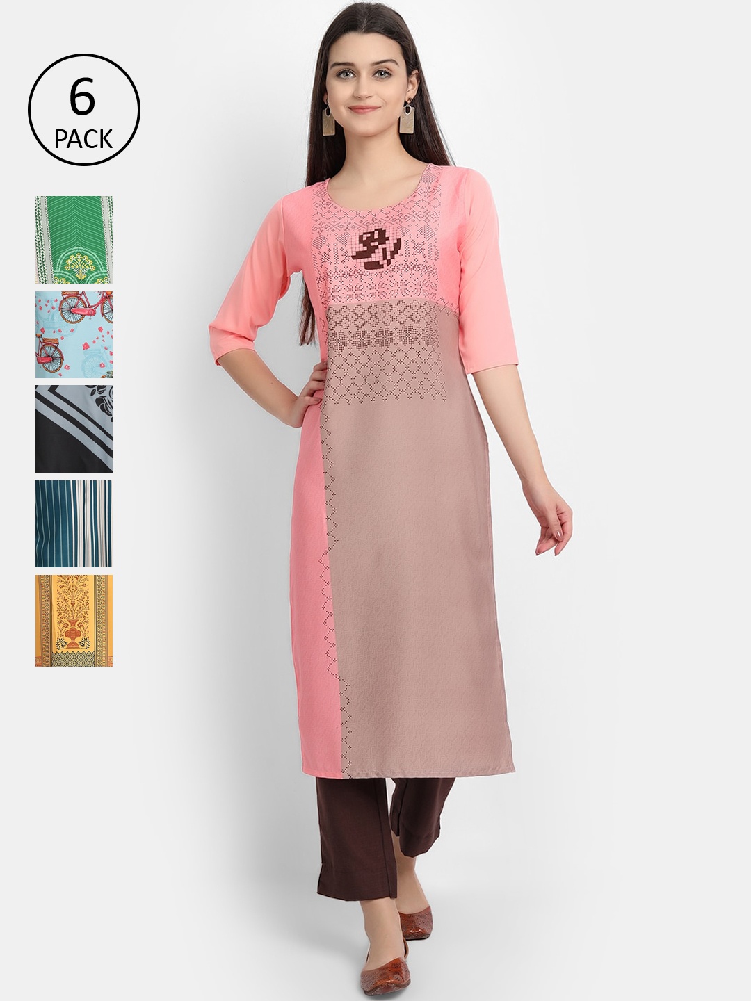 

1 Stop Fashion Women Pack Of 6 Round-Neck Crepe Kurtas, Multi