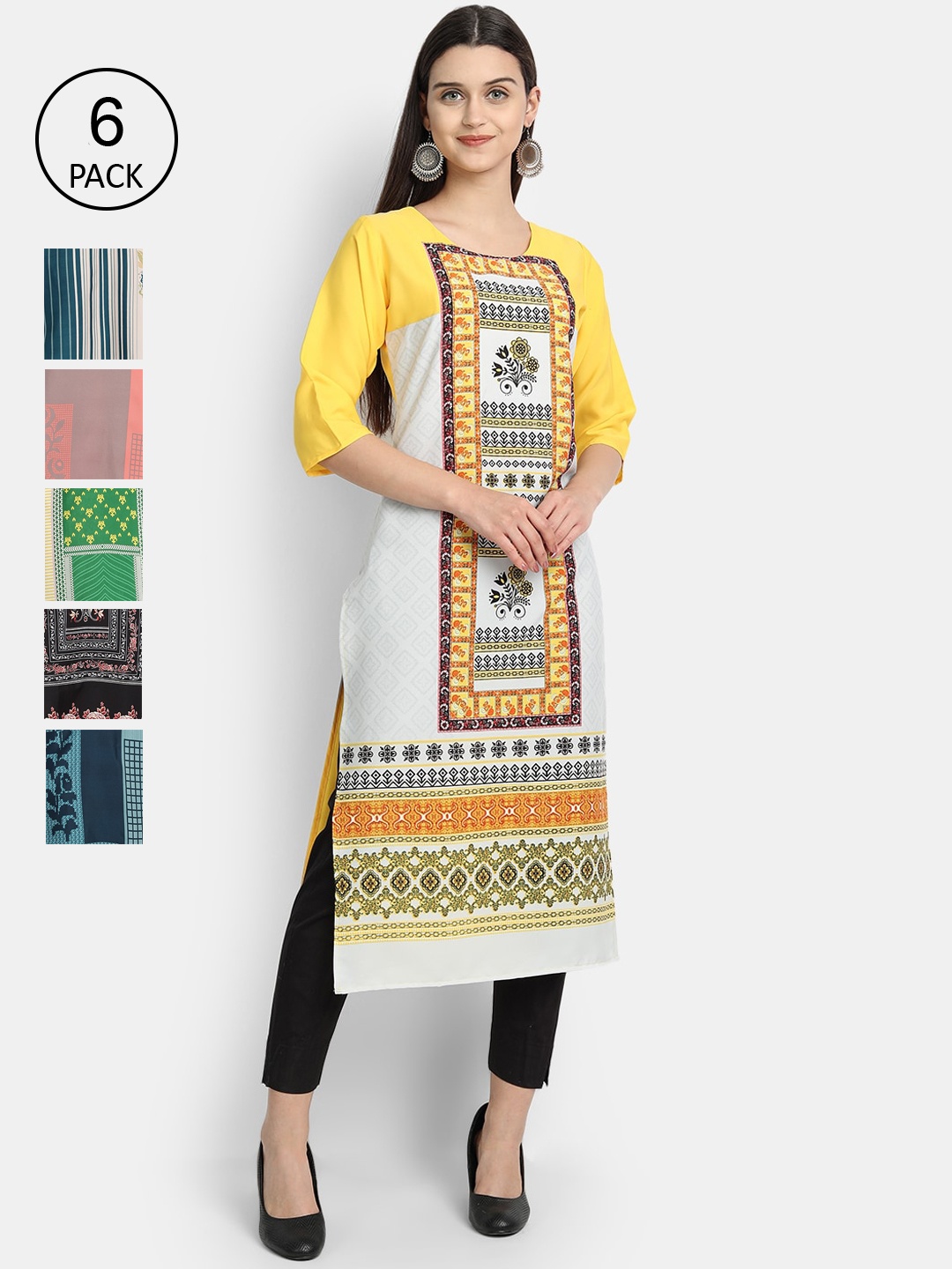 

1 Stop Fashion Women Pack Of 6 Digital Printed Straight Kurta, Yellow