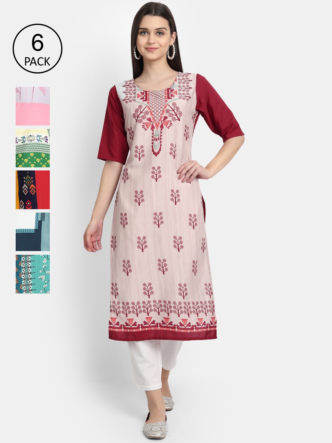 

1 Stop Fashion Women Pack Of 6 Digital Printed Straight Kurta, Maroon