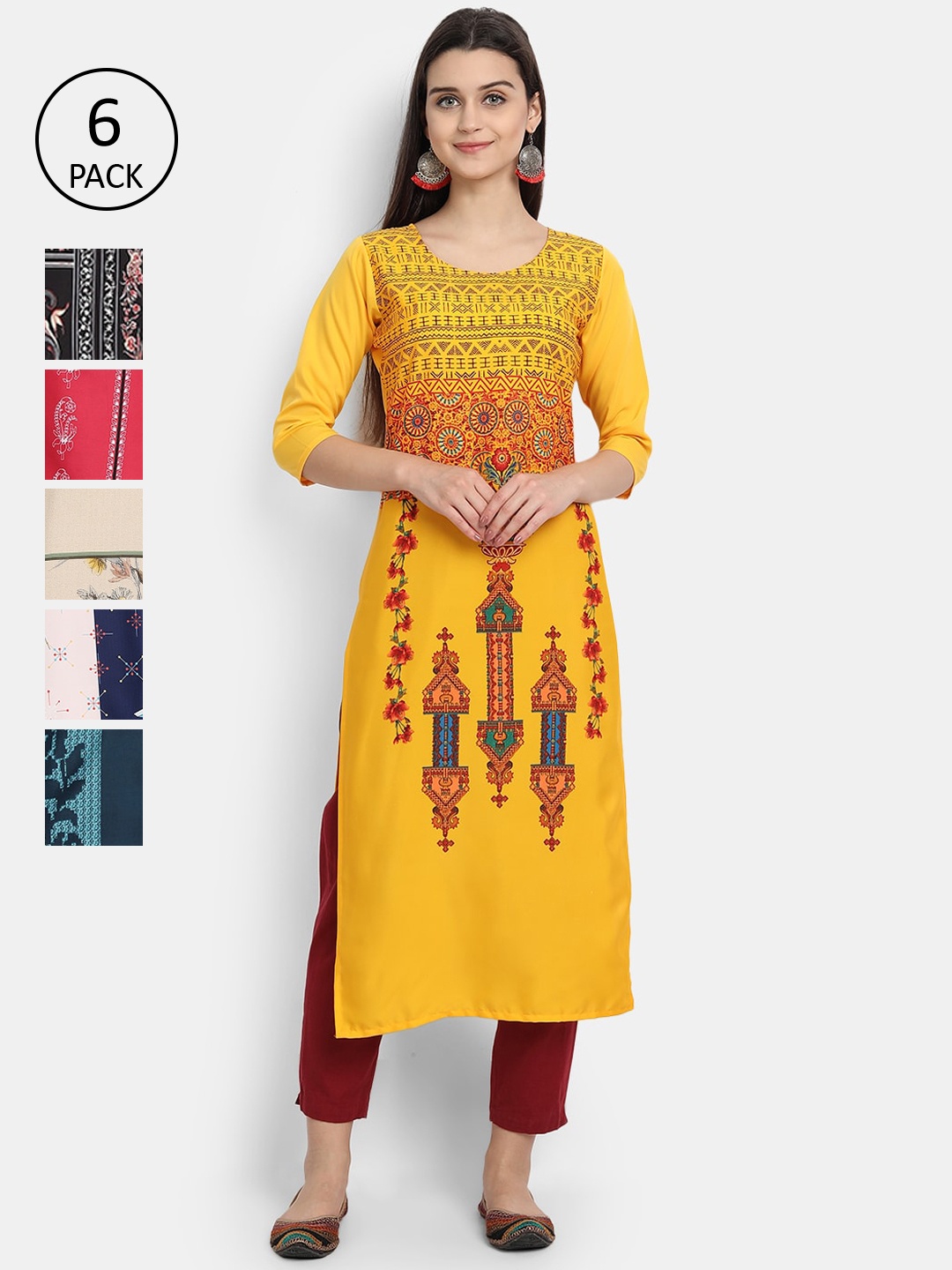 

1 Stop Fashion Women Pack Of 6 Digital Printed Straight Kurta, Yellow