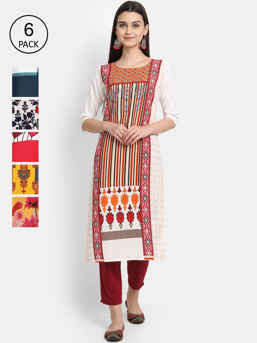 

1 Stop Fashion Women Multicoloured Geometric Printed Thread Work Crepe Kurta, Multi