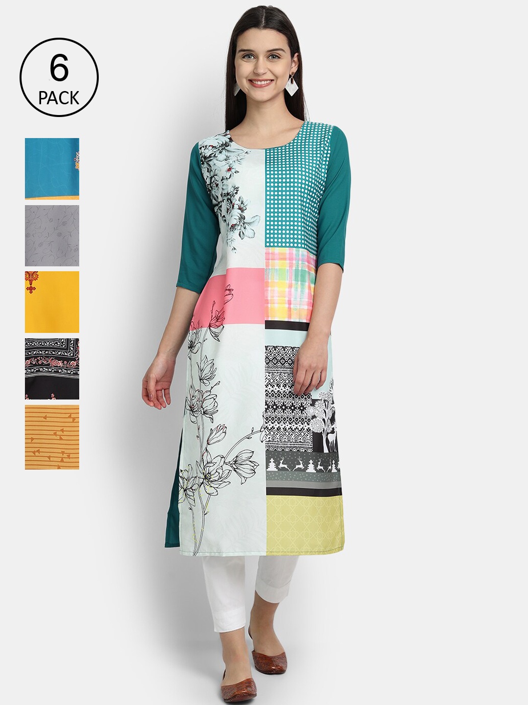 

1 Stop Fashion Women Multicoloured Floral Printed Thread Work Crepe Kurta, Multi
