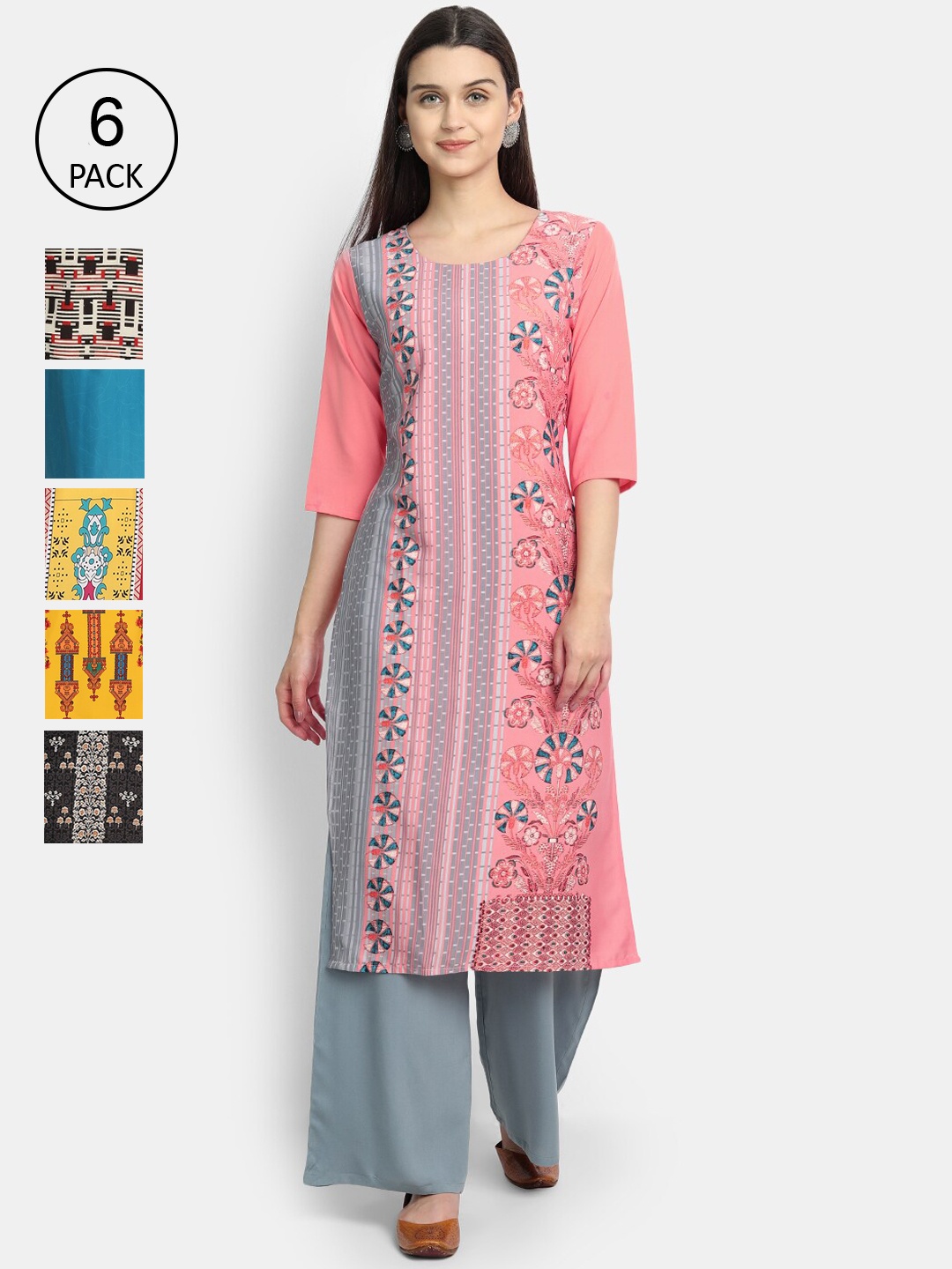 

1 Stop Fashion Women Pack Of 6 Ethnic Motifs Printed Crepe Kurtas, Multi