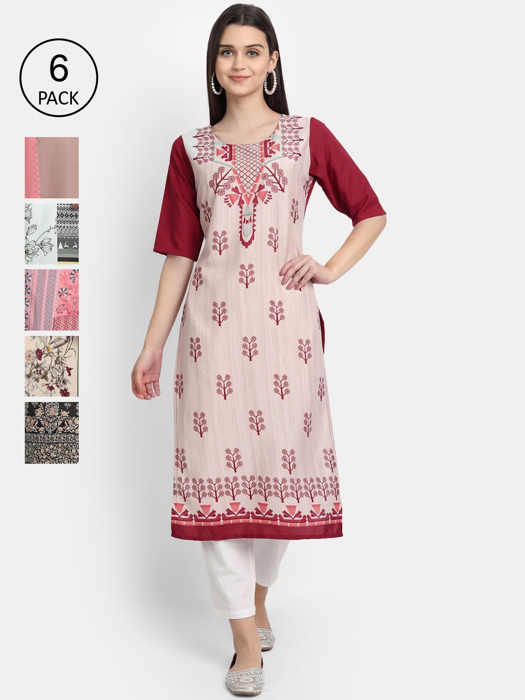 

1 Stop Fashion Women Pack Of 6 Digital Printed Straight Kurtas, Maroon