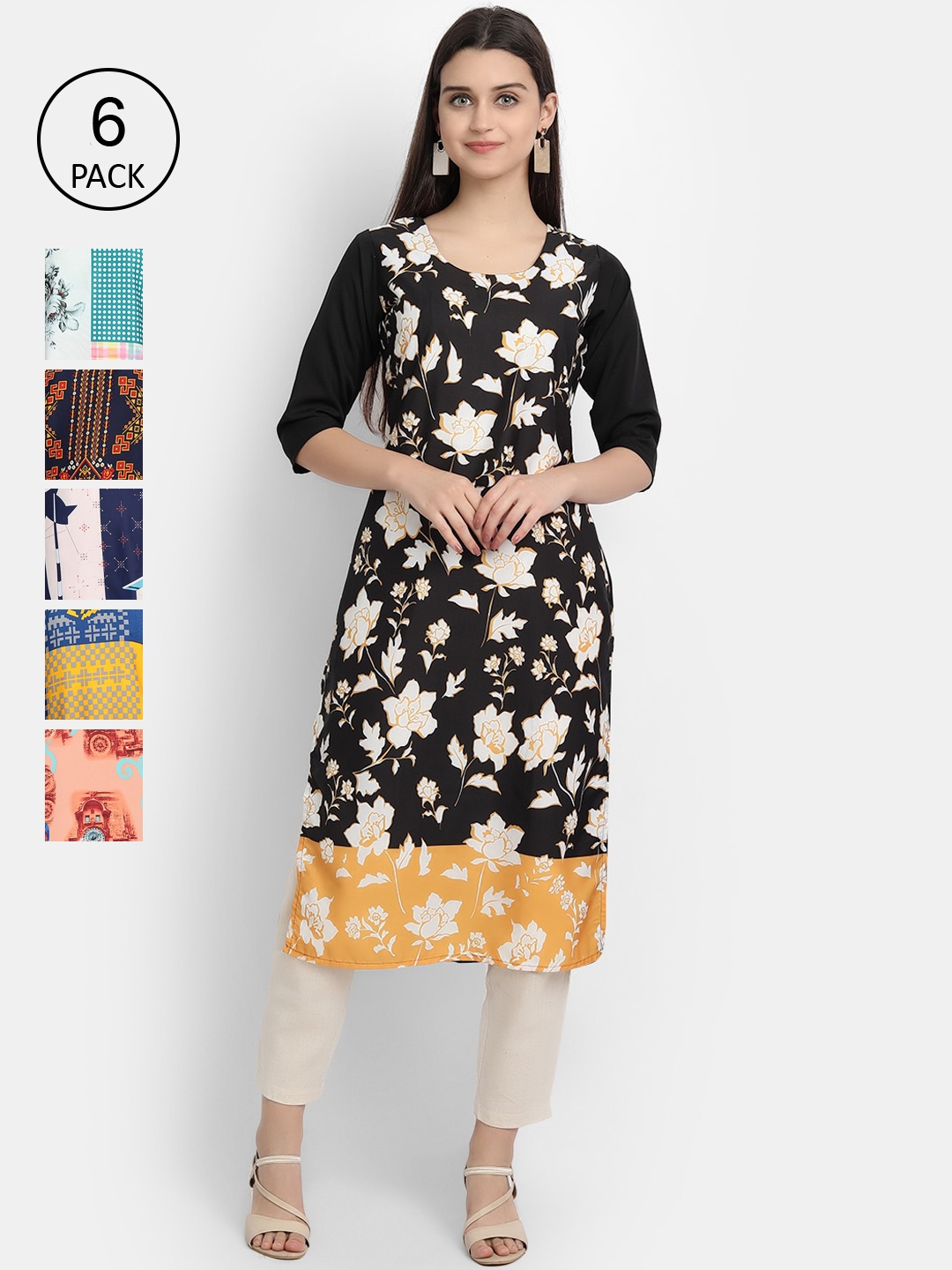 1 Stop Fashion Women Pack Of 6 Printed Crepe Kurtas, Multi