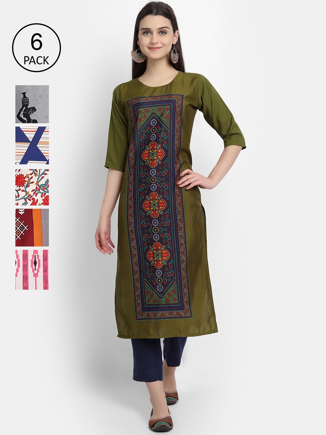 

1 Stop Fashion Women Pack Of 6 Printed Crepe Kurtas, Multi