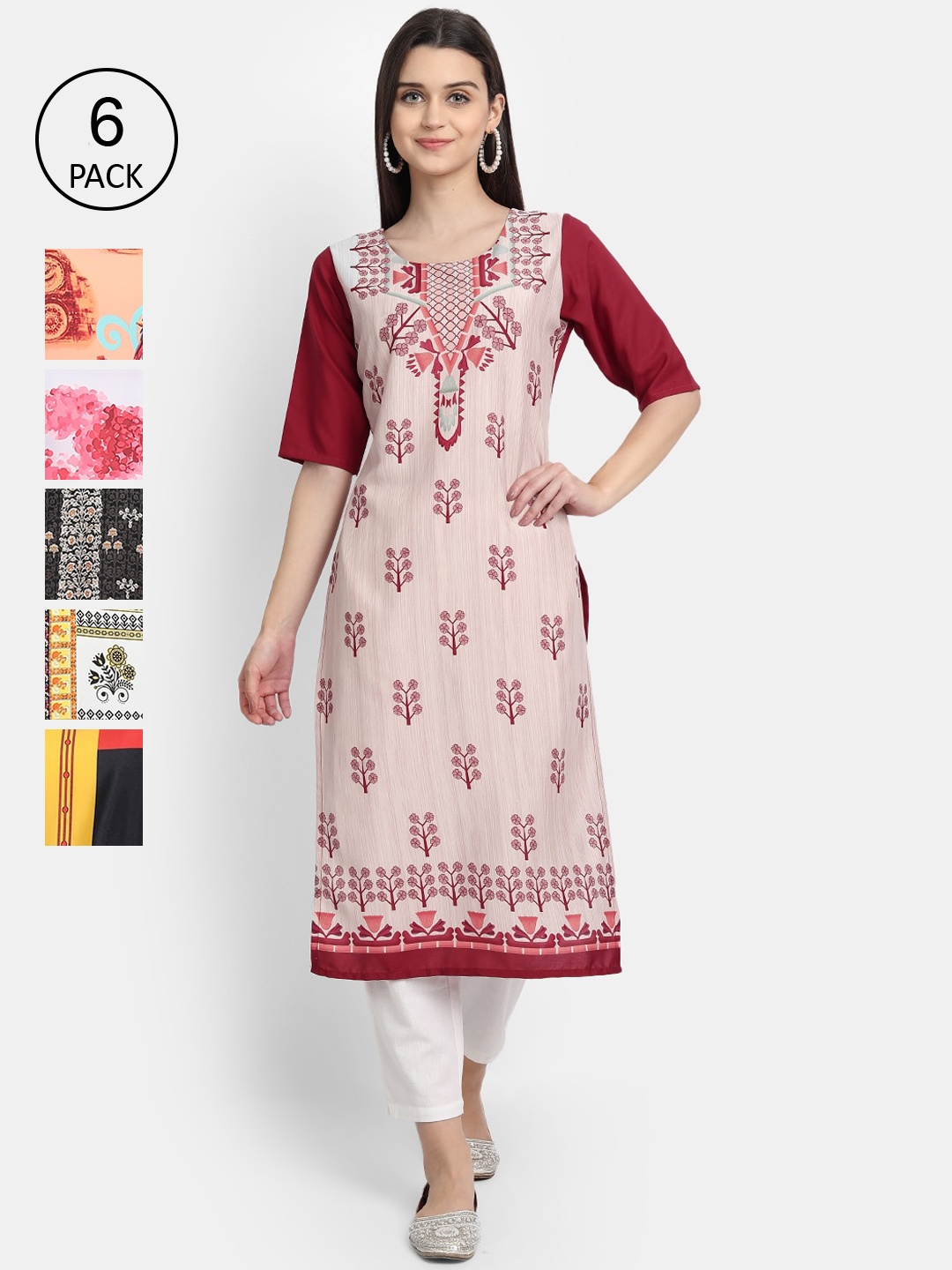 

1 Stop Fashion Women Multicoloured & peach blush Ethnic Motifs Printed Thread Work Crepe Kurta, Maroon