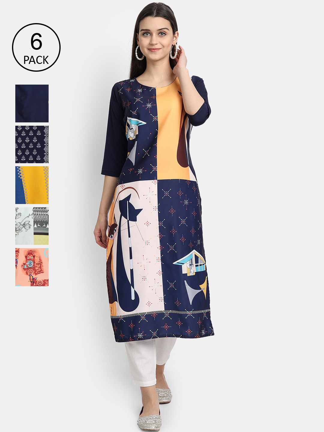 

1 Stop Fashion Women Pack Of 6 Kurtas, Navy blue