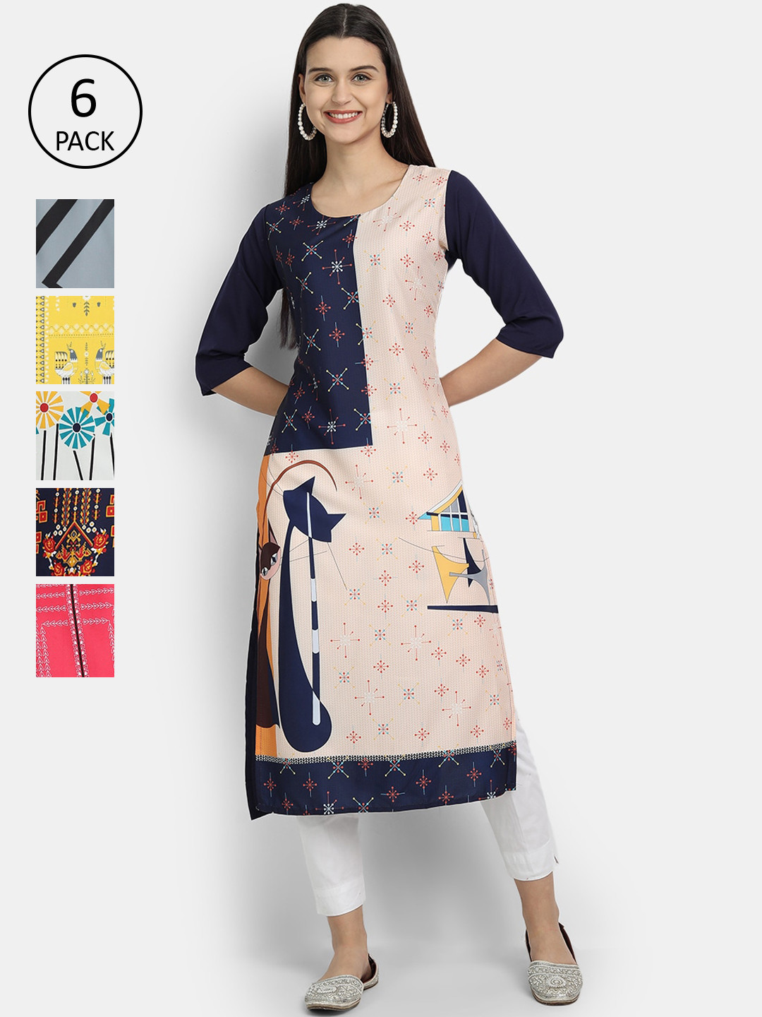 

1 Stop Fashion Women Pack Of 6 Digital Printed Straight Kurta, Yellow