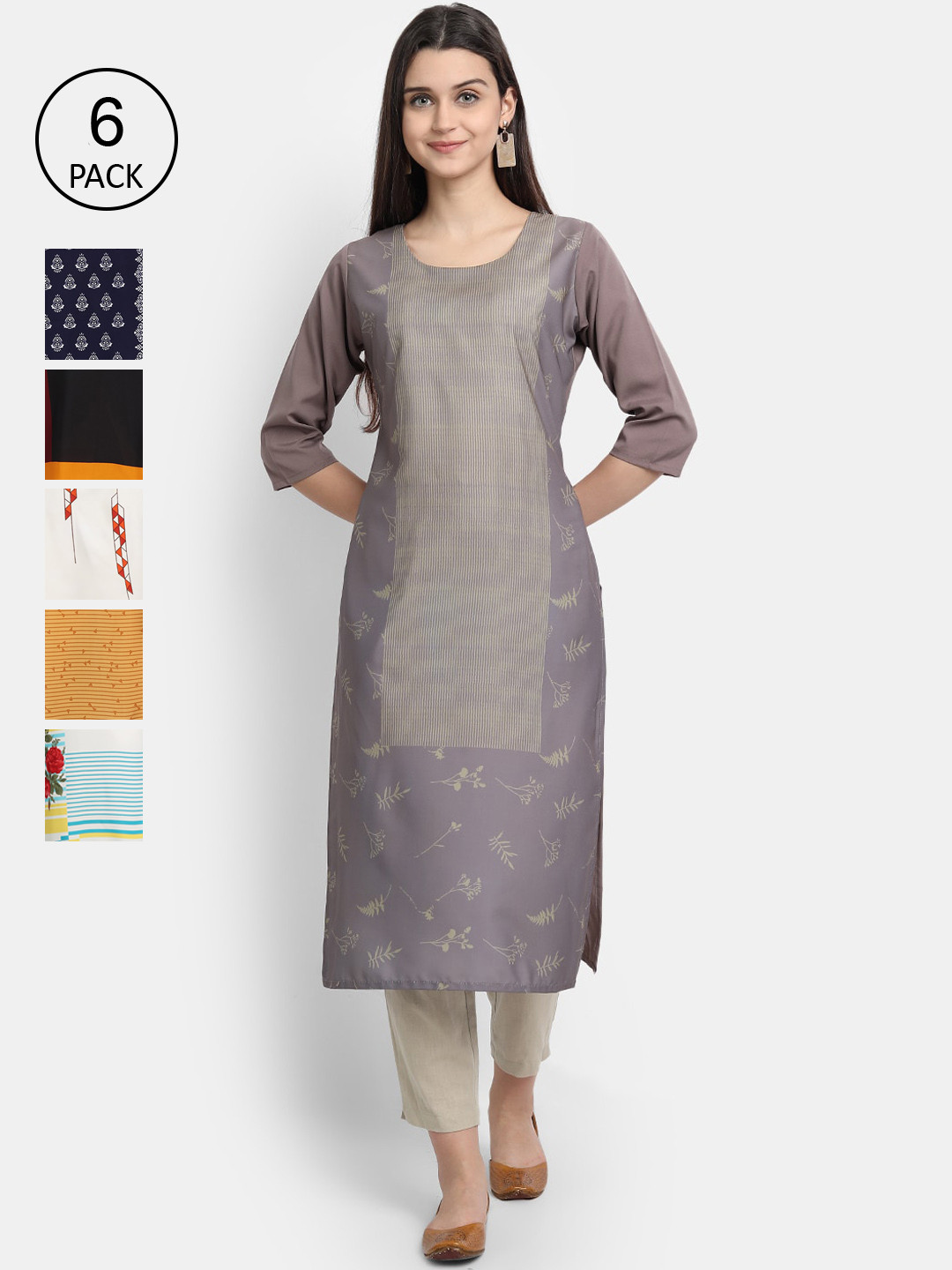 

1 Stop Fashion Women Pack Of 6 Digital Printed Straight Kurta, Grey