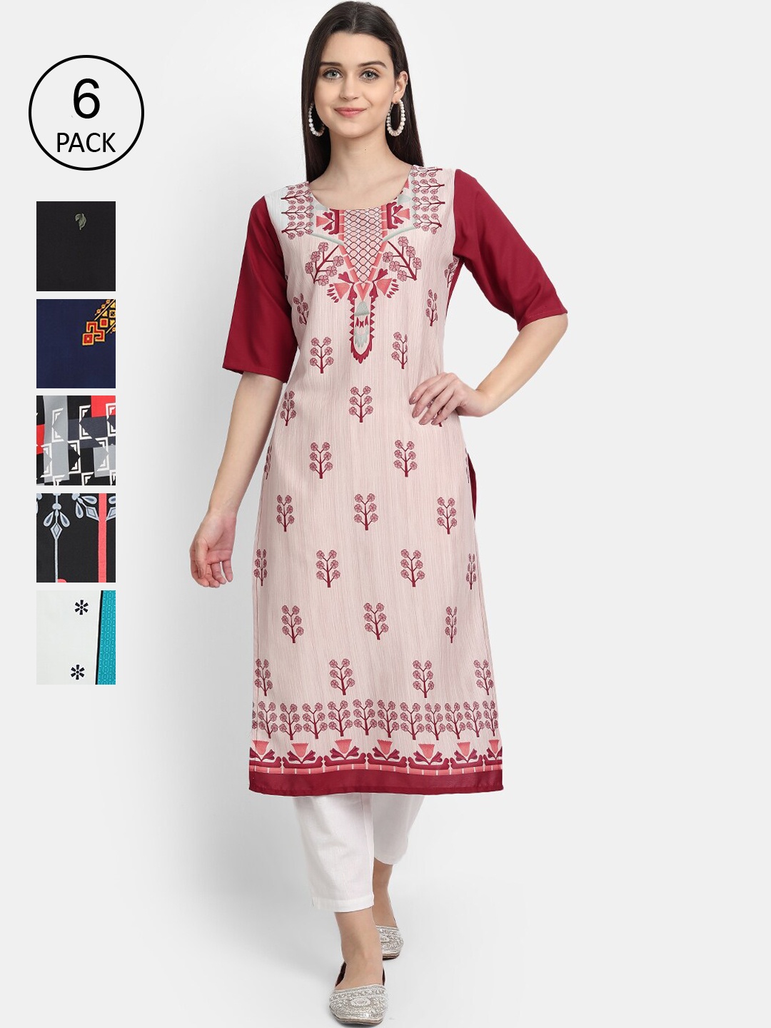 

1 Stop Fashion Women Pack Of 6 Digital Printed Straight Kurta, Maroon