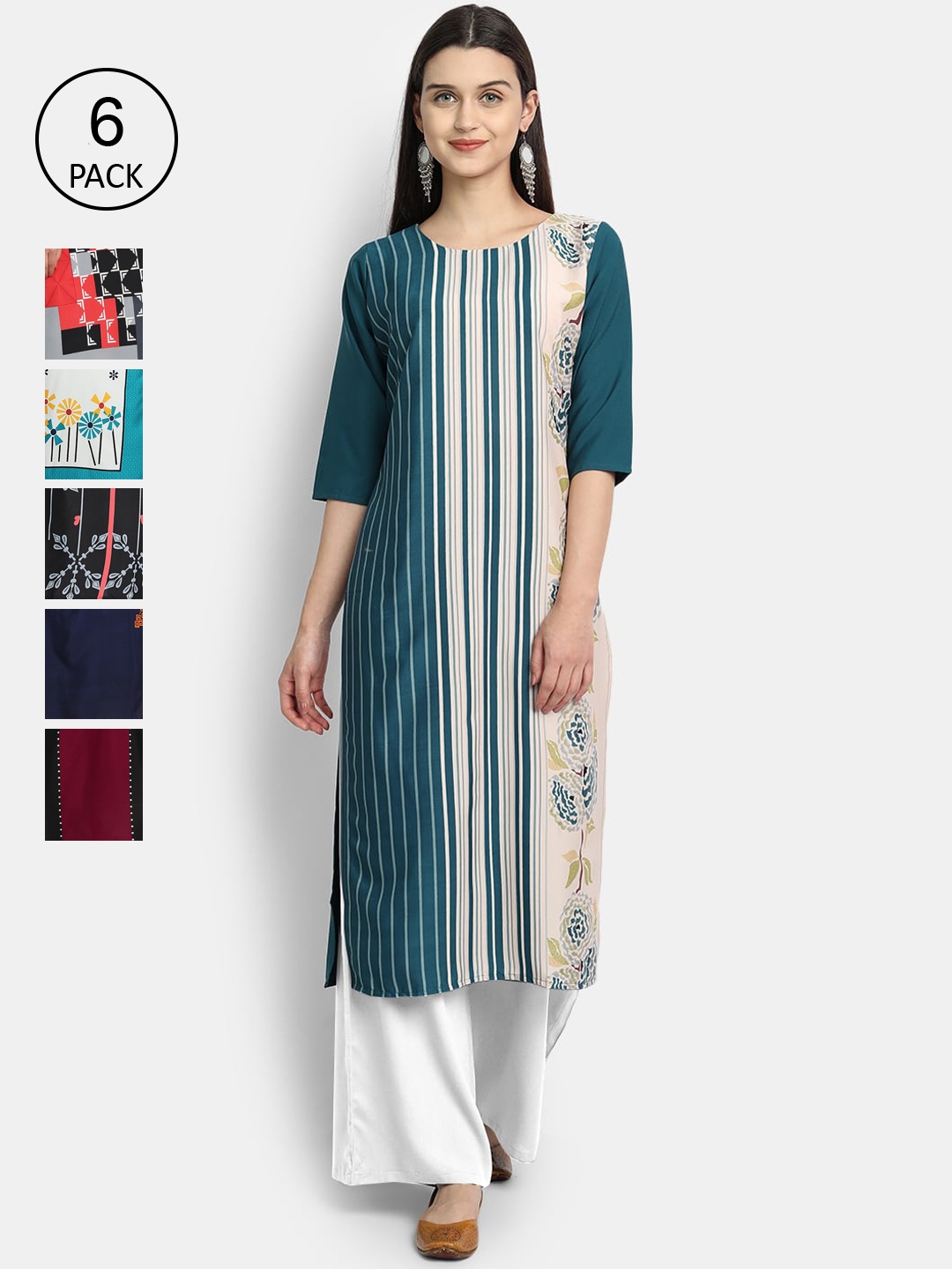 

1 Stop Fashion Women Pack Of 6 Digital Printed Straight Kurta, Green
