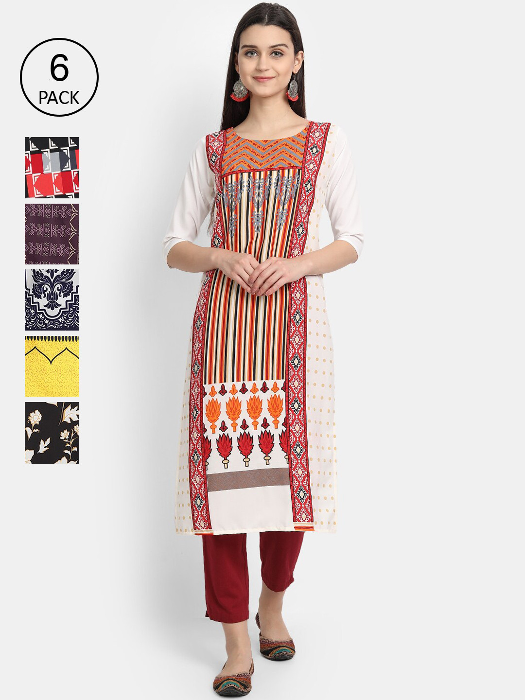 

1 Stop Fashion Women Pack Of 6 Printed Crepe Kurtas, Multi