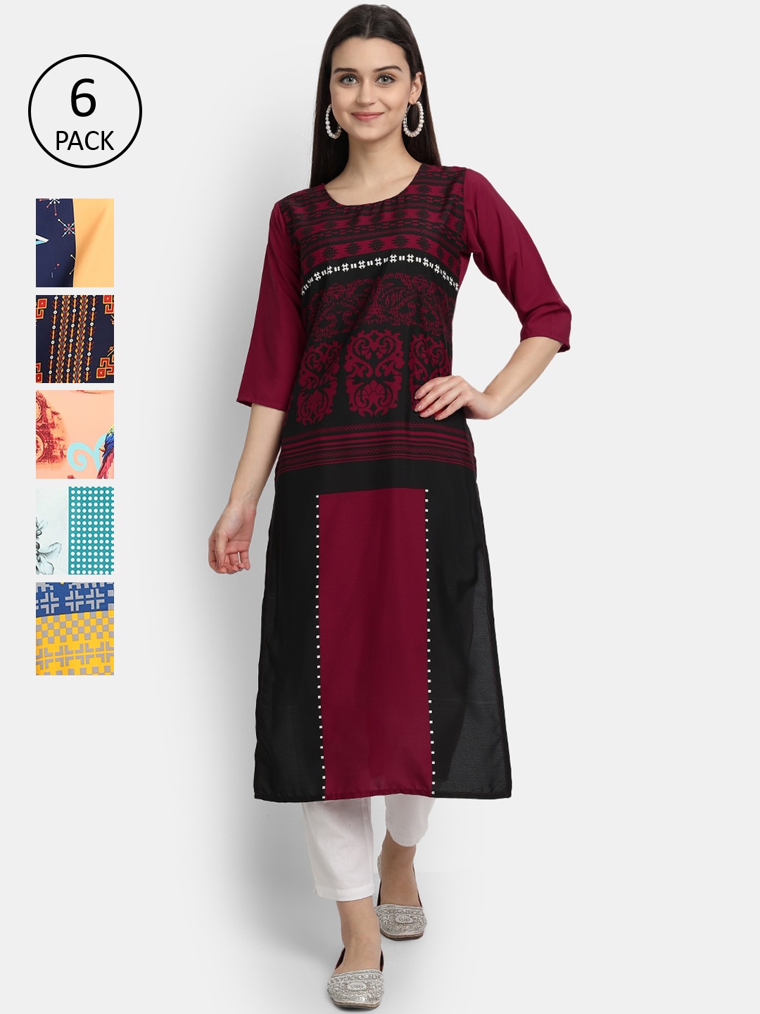 

1 Stop Fashion Women Multicoloured & french middle red purple Ethnic Motifs Embroidered Thread Work Crepe Kurta, Multi
