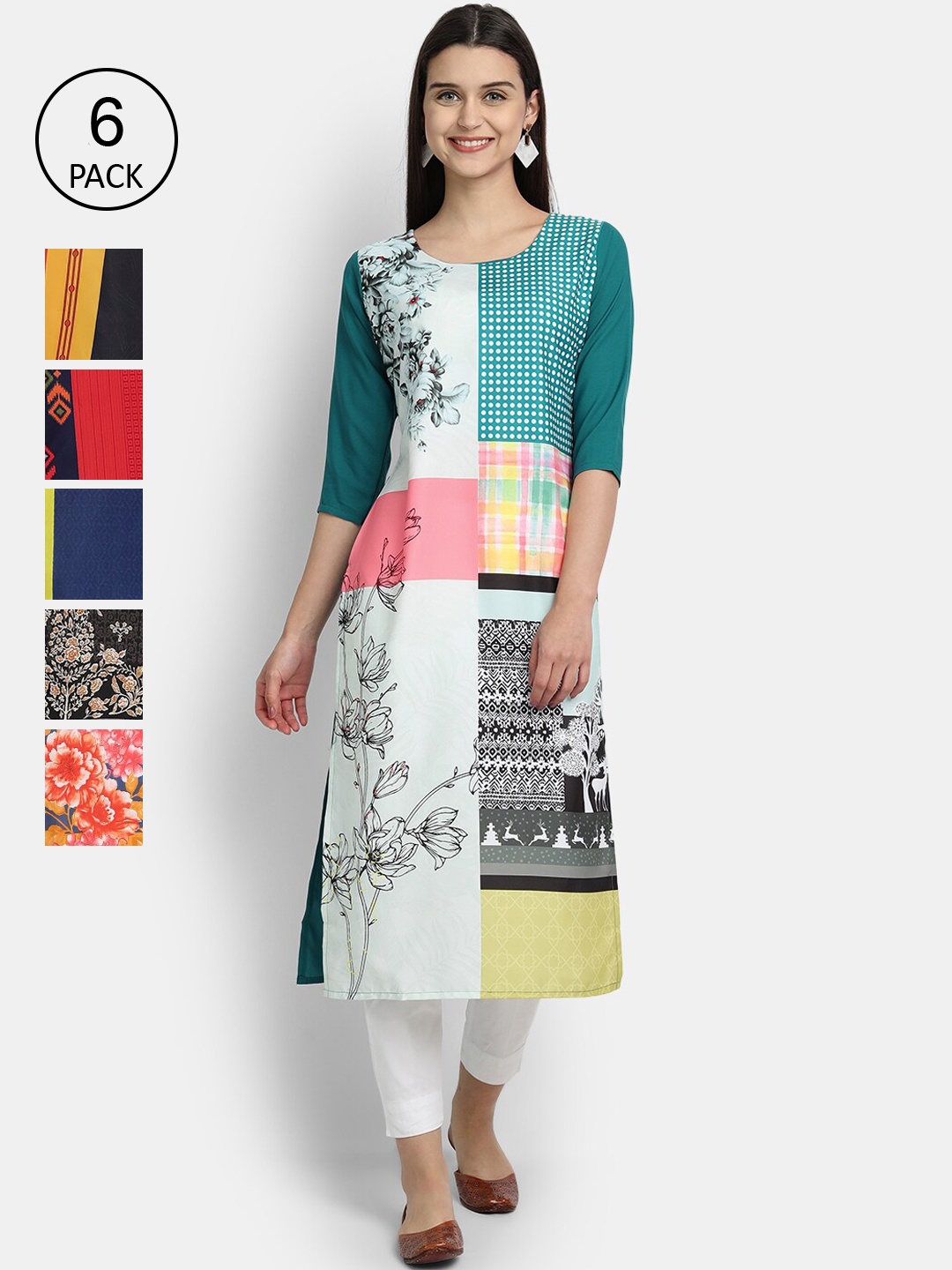

1 Stop Fashion Women Pack Of 6 Digital Printed Straight Kurta, Red