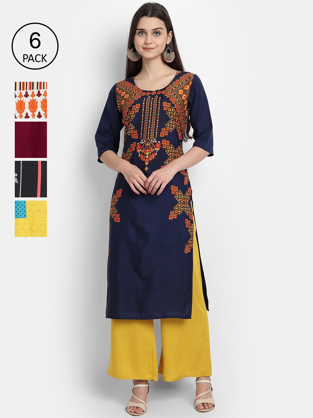 

1 Stop Fashion Women Pack Of 6 Digital Printed Straight Kurtas, Blue