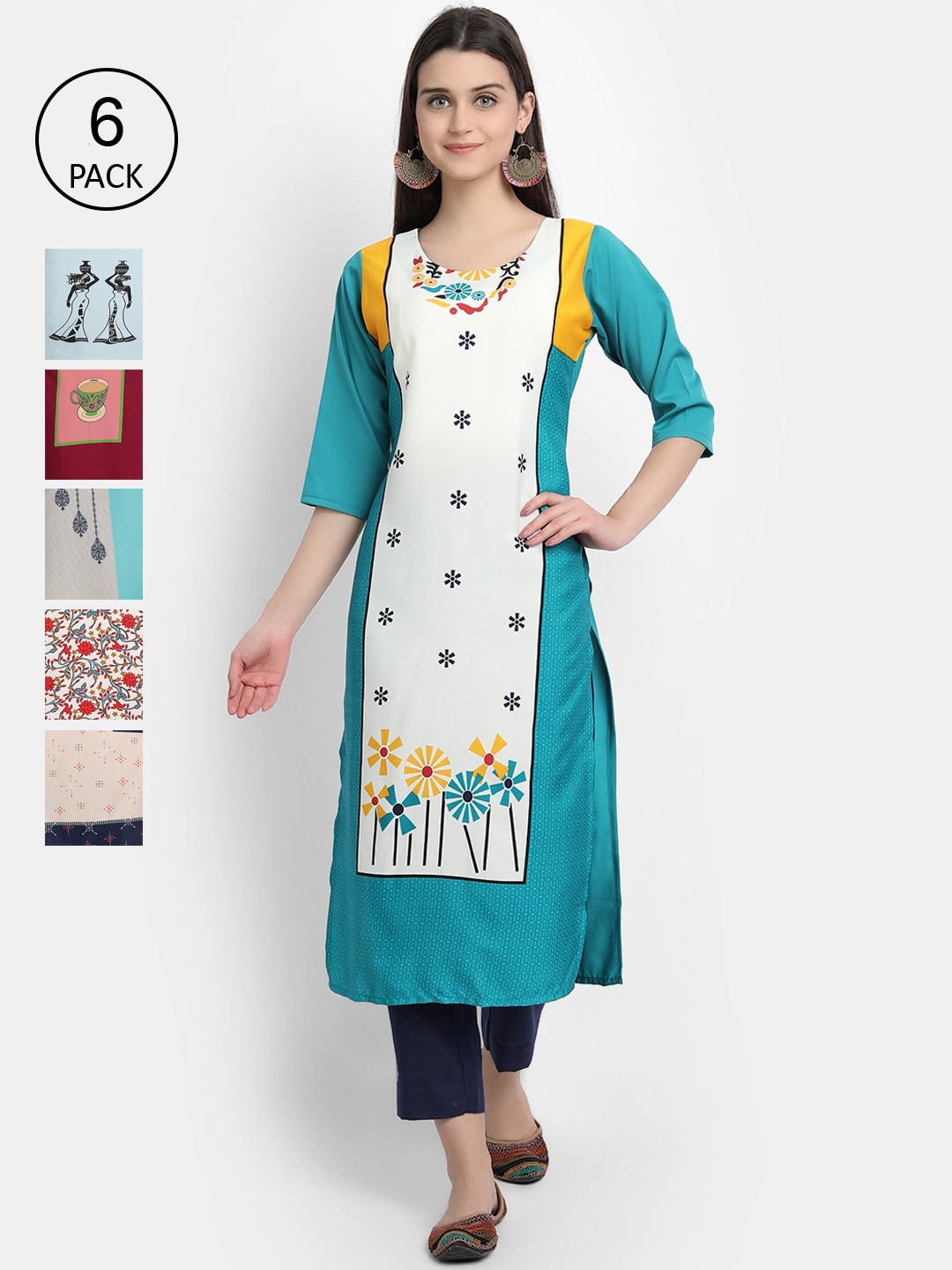 

1 Stop Fashion Women Pack Of 6 Digital Printed Straight Kurta, Blue