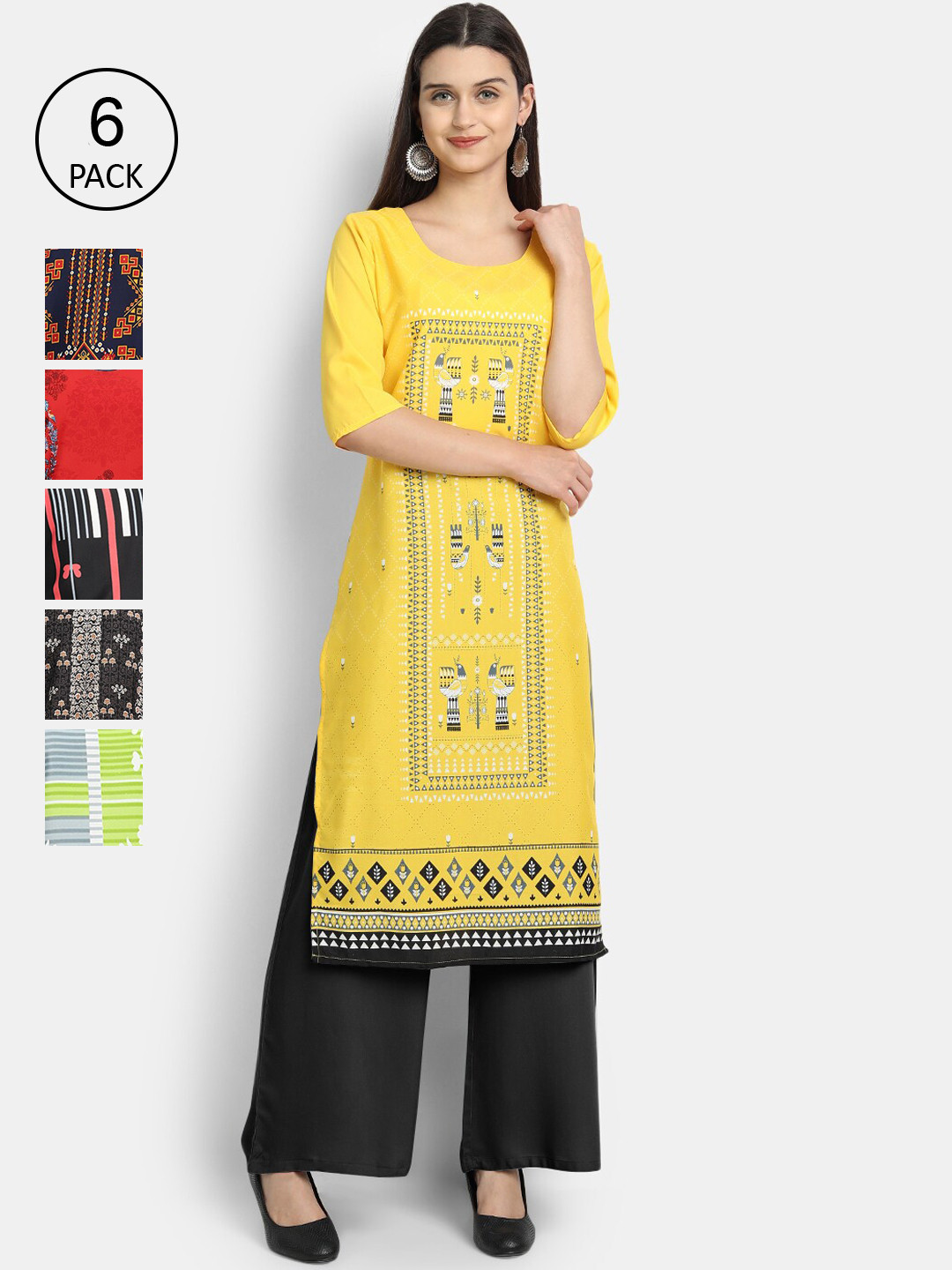 

1 Stop Fashion Women Pack Of 6 Digital Printed Straight Kurtas, Red