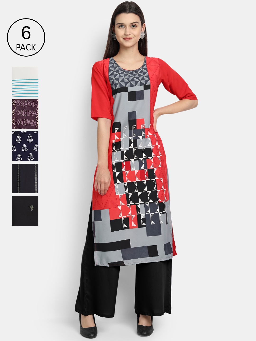 

1 Stop Fashion Women Multicoloured & mandarin red Floral Printed Keyhole Neck Crepe Kurta, Multi