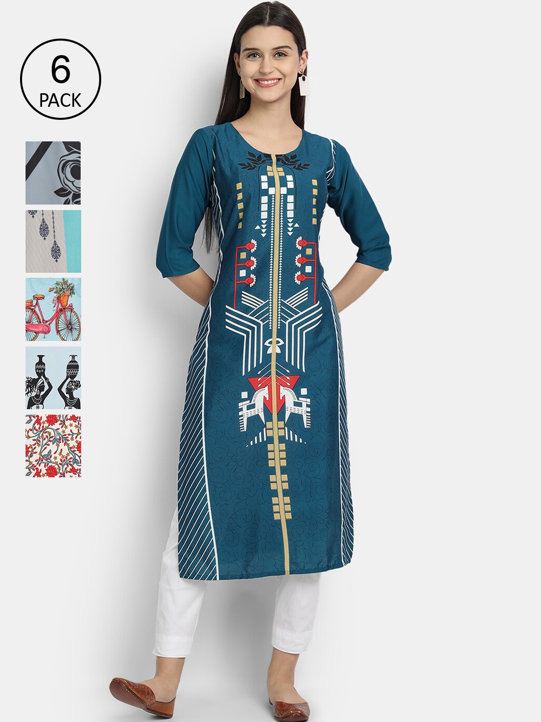 

1 Stop Fashion Women Pack Of 6 Digital Printed Straight Kurtas, Teal