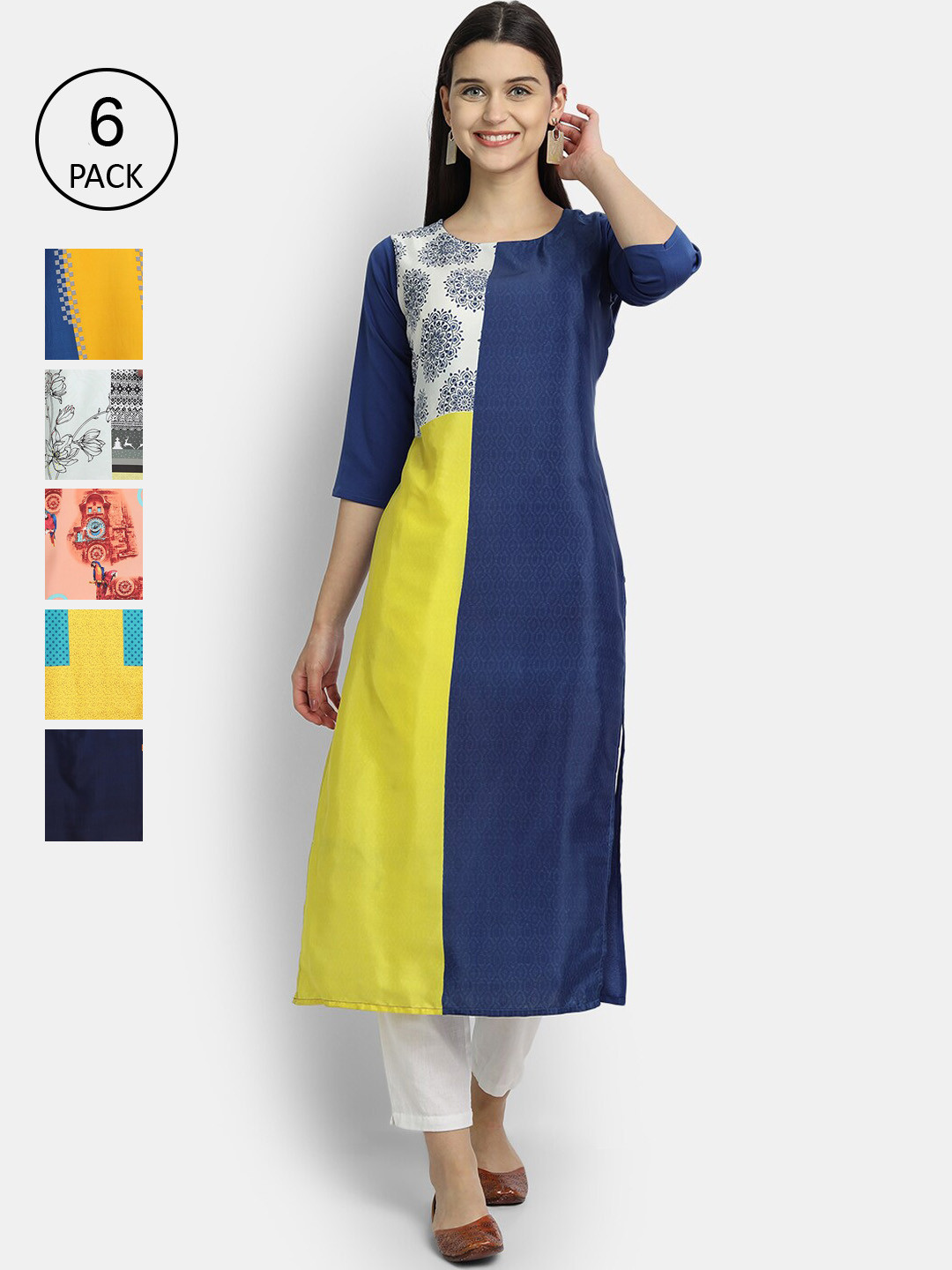 

1 Stop Fashion Women Pack Of 6 Digital Printed Straight Kurtas, Blue