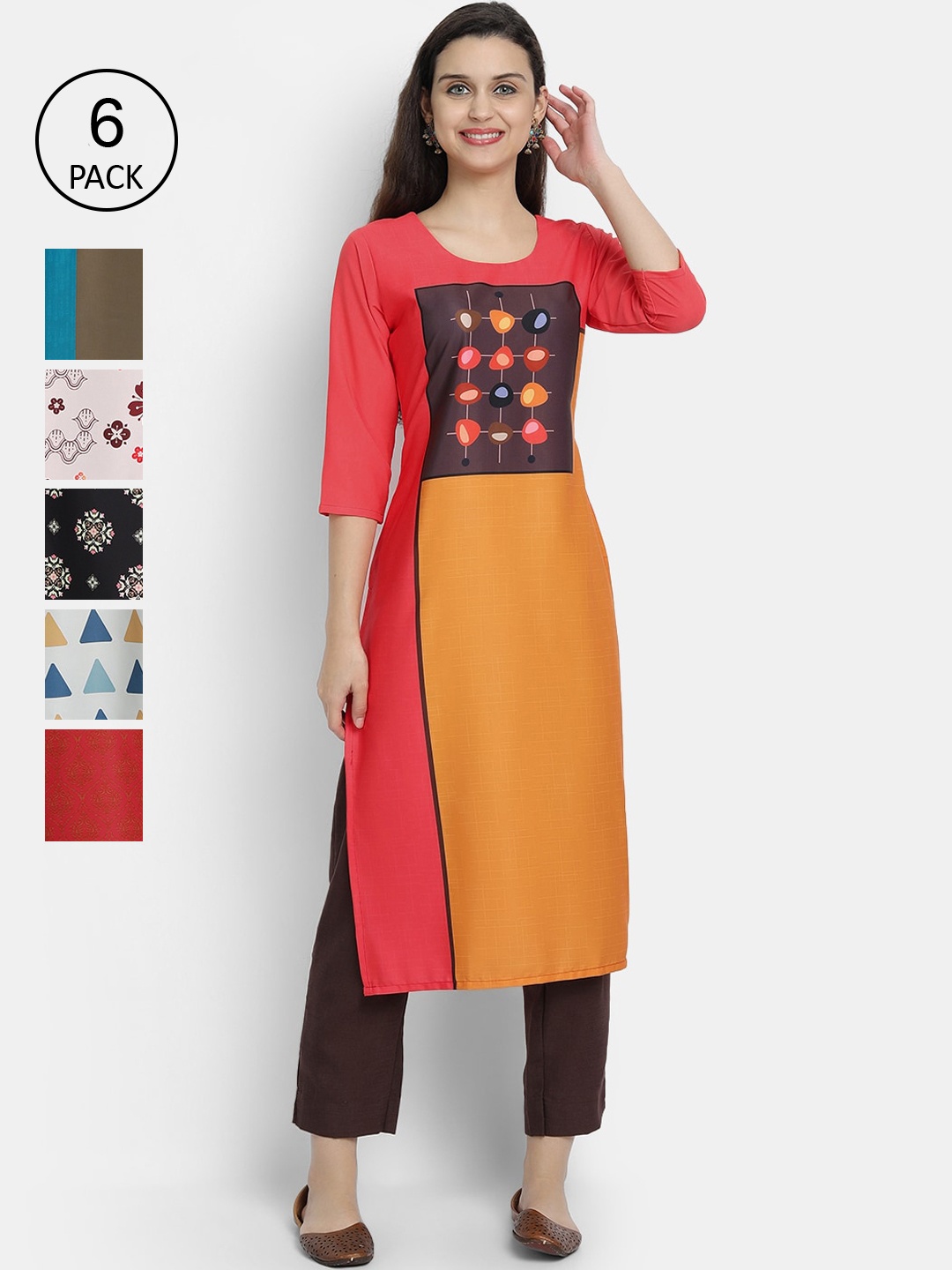 

1 Stop Fashion Women Pack Of 6 Digital Printed Straight Kurtas, Red