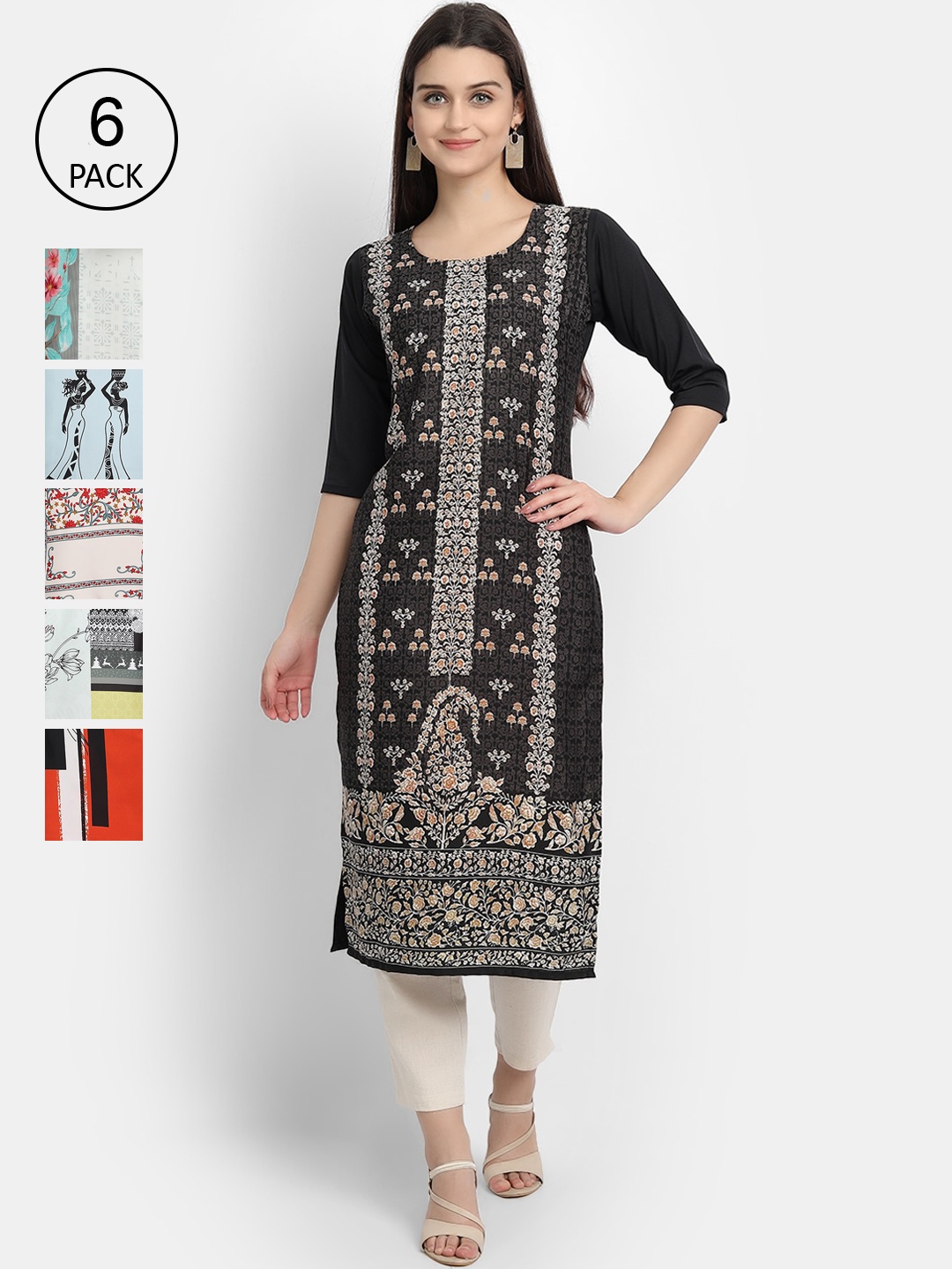 

1 Stop Fashion Women Pack Of 6 Digital Printed Straight Kurtas, Multi