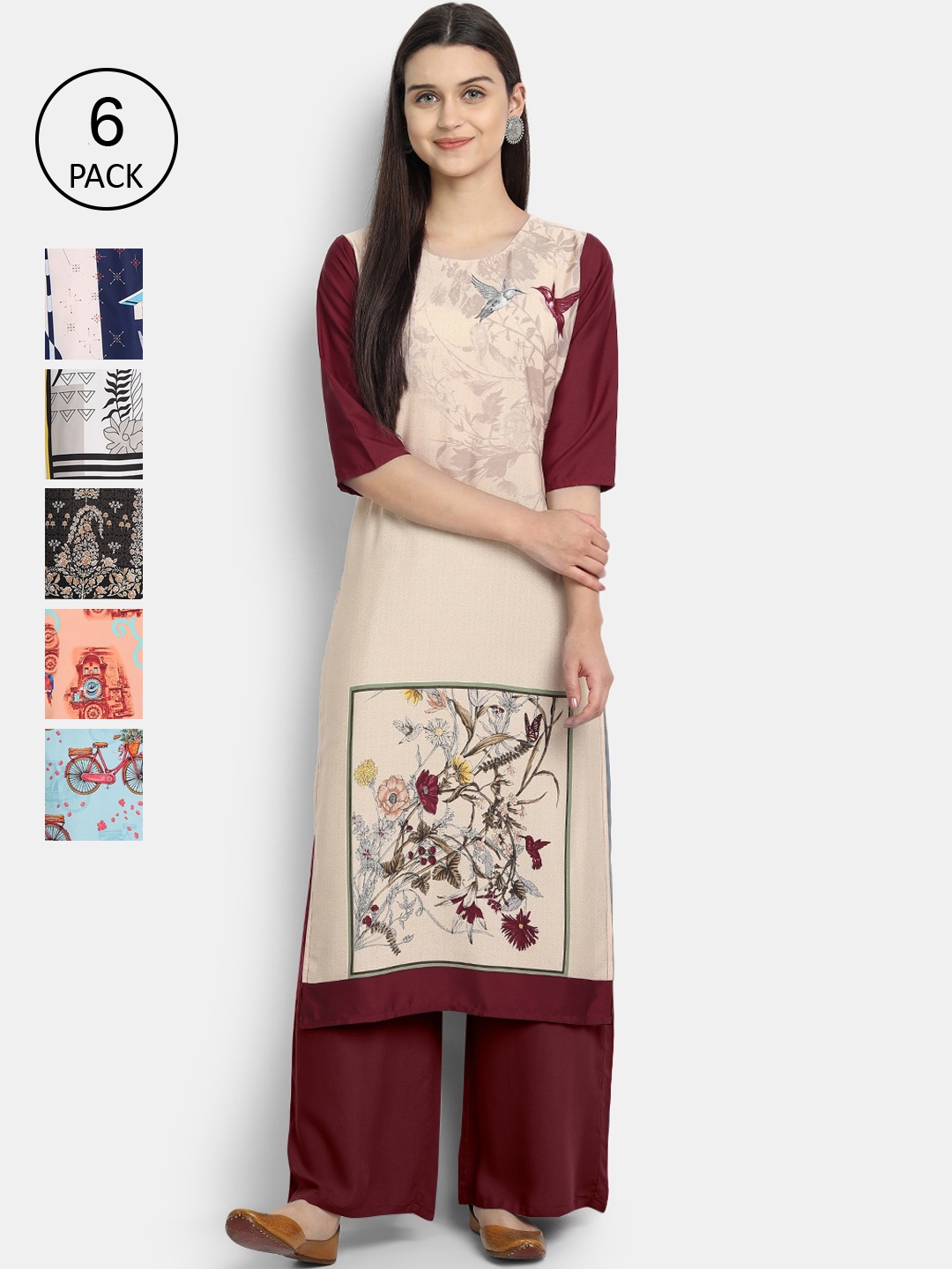 

1 Stop Fashion Women Pack Of 6 Digital Printed Straight Kurtas, Multi