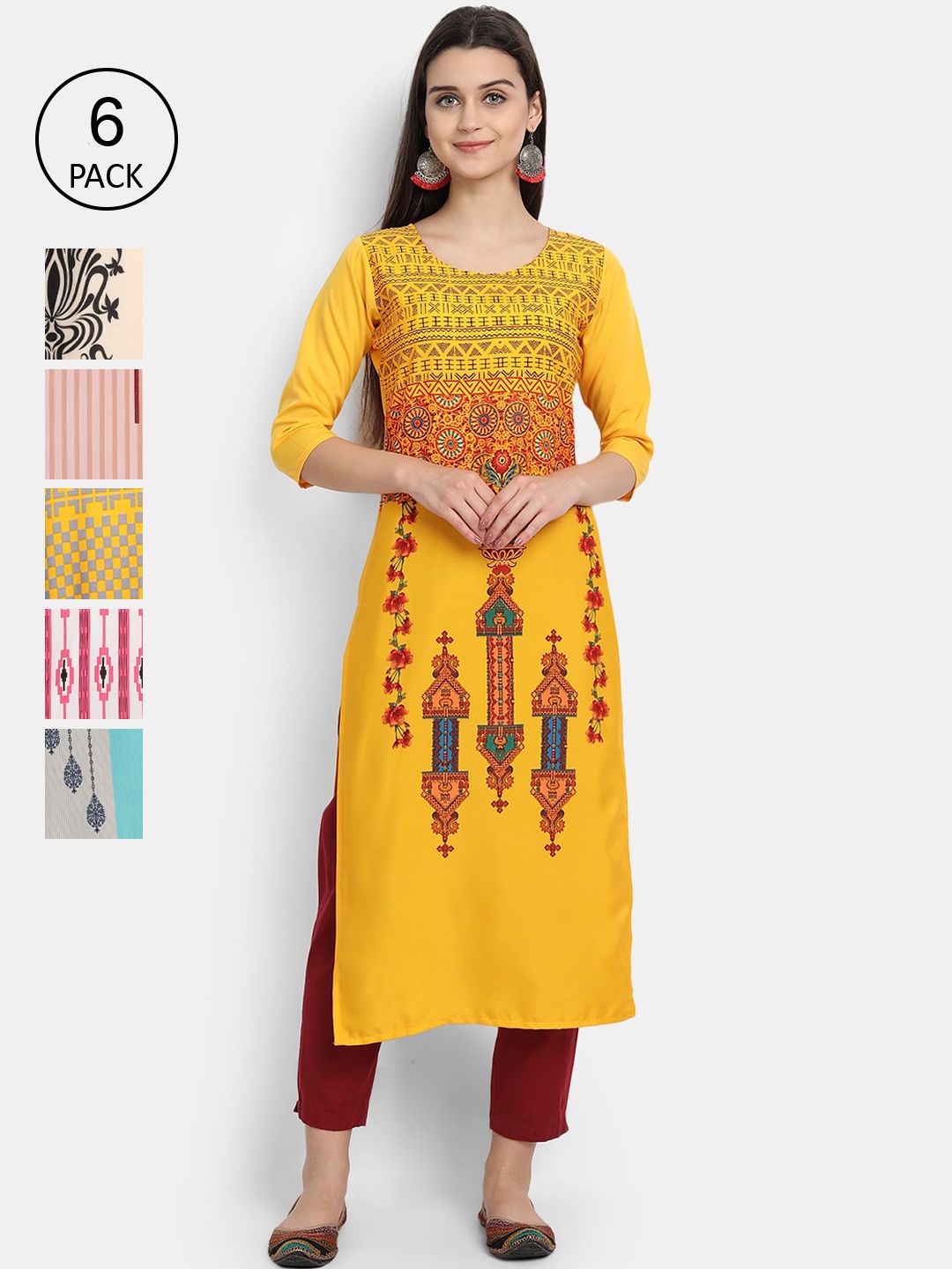 

1 Stop Fashion Women Pack Of 6 Digital Printed Straight Kurtas, Multi