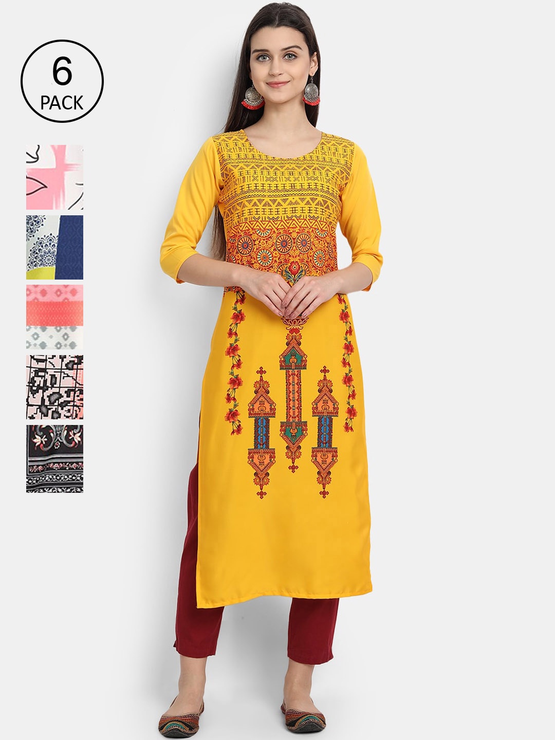 

1 Stop Fashion Women Pack Of 6 Digital Printed Straight Kurtas, Multi