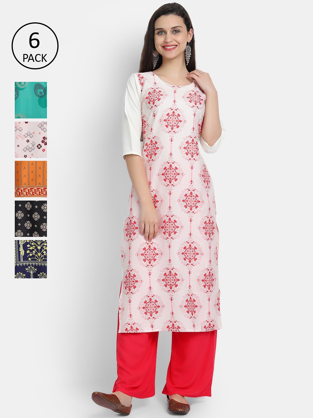 

1 Stop Fashion Women Multicoloured Floral Embroidered Keyhole Neck Mirror Work Crepe Kurta, Multi