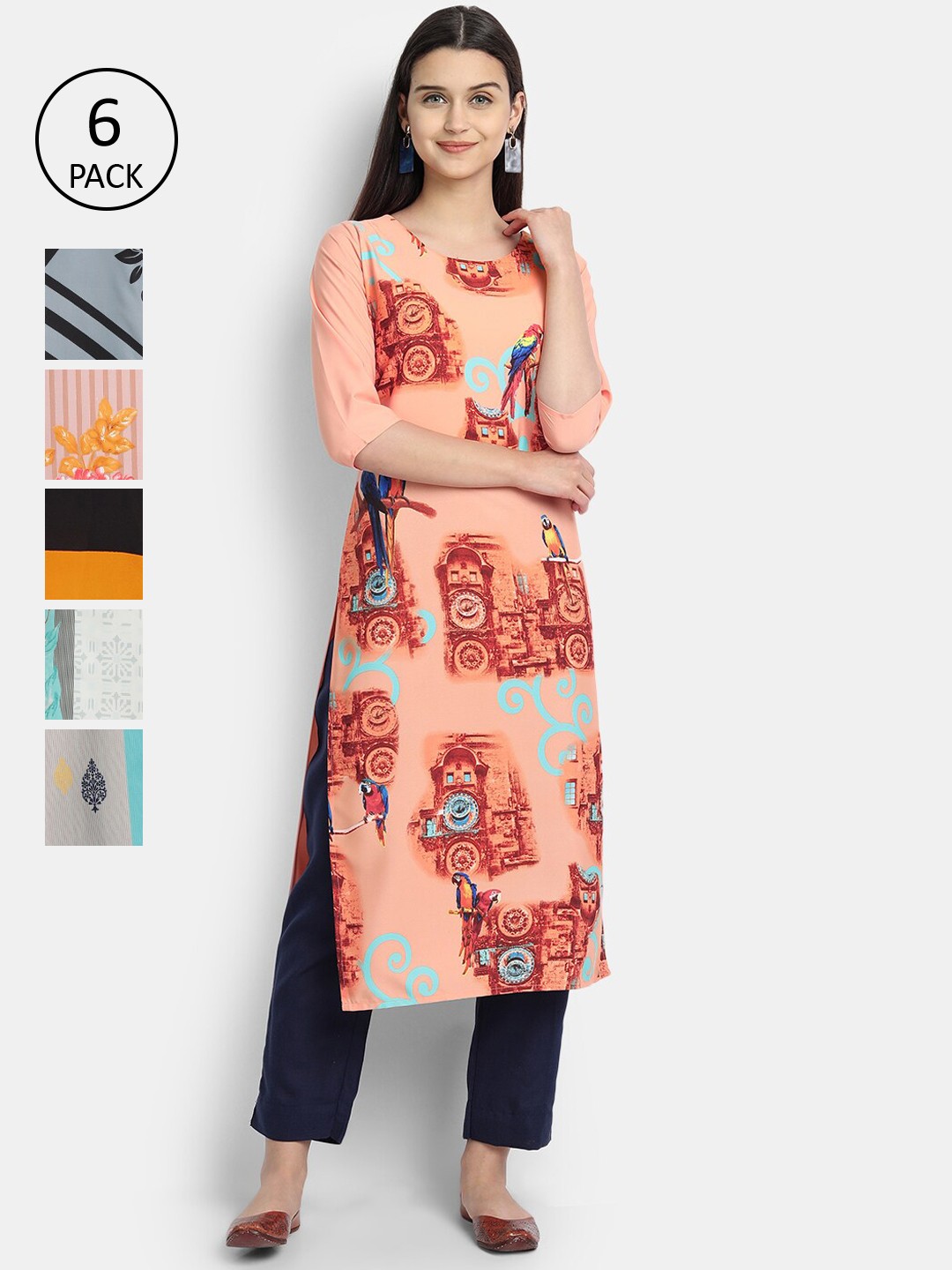 

1 Stop Fashion Women Multicoloured & salmon Geometric Printed Mirror Work Crepe Kurta, Multi