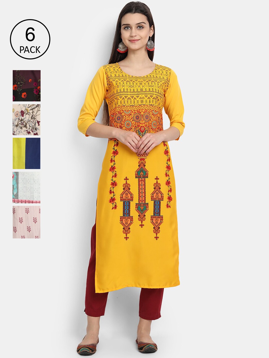 

1 Stop Fashion Women Pack Of 6 Digital Printed Straight Kurtas, Multi