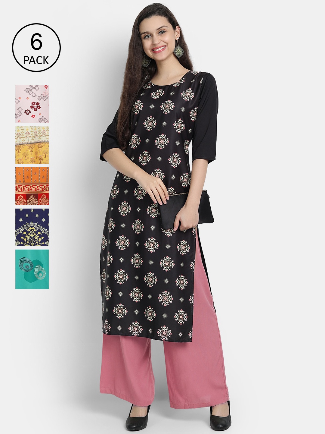 

1 Stop Fashion Women Multicoloured & raisin black Floral Printed Flared Sleeves Crepe Kurta, Multi